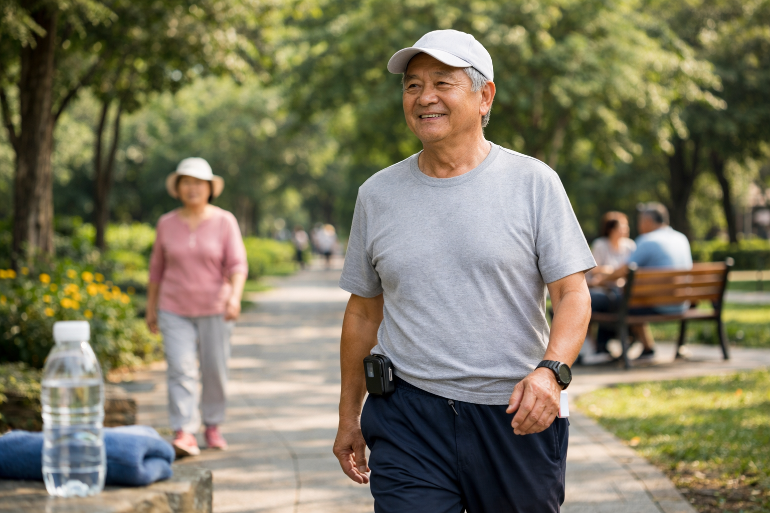 Người cao tuổi mắc bệnh tiểu đường đang đi bộ nhẹ nhàng trong công viên để tăng cường sức khỏe và ổn định đường huyết