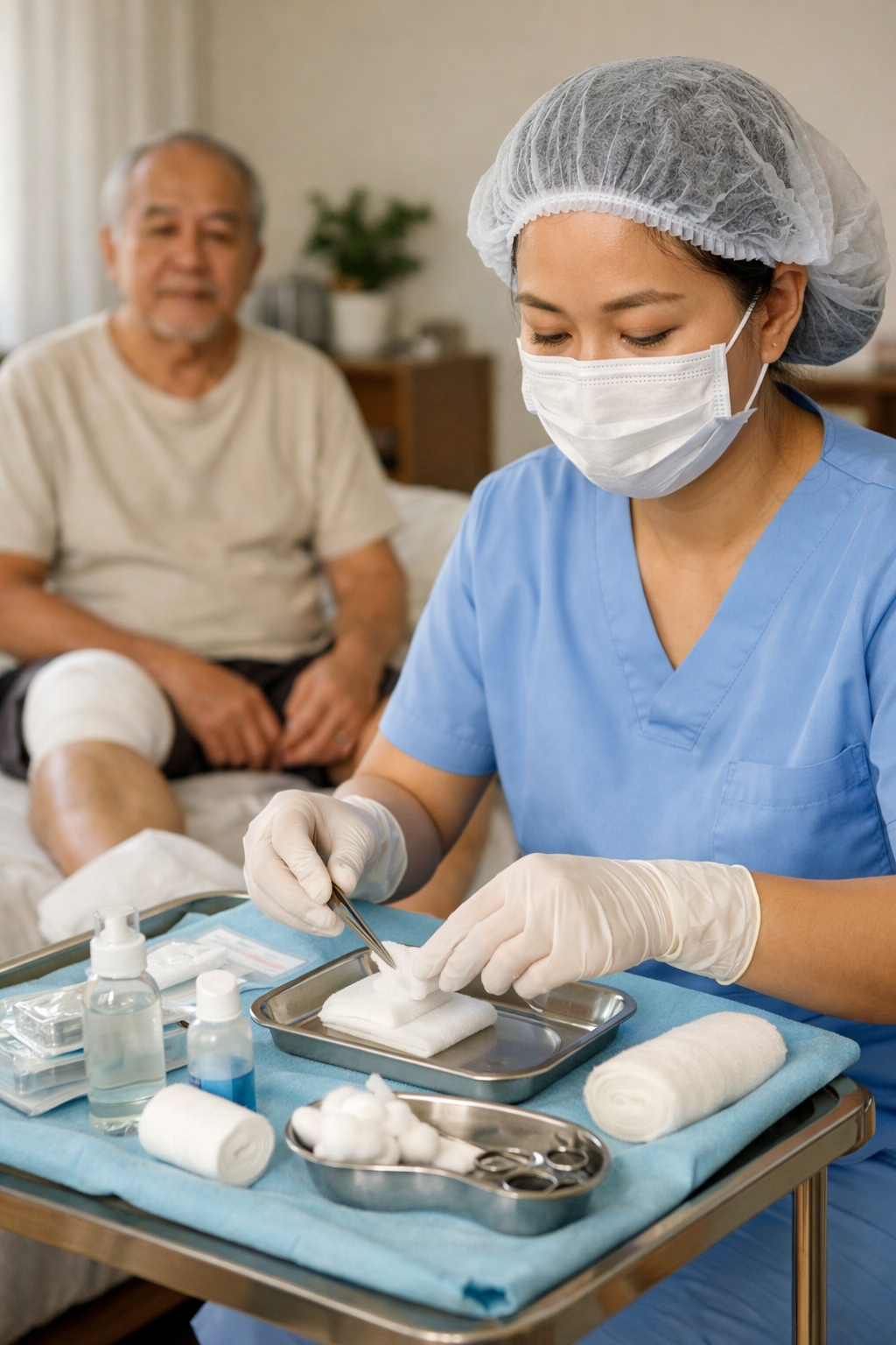 Điều dưỡng đang chuẩn bị dụng cụ y tế sạch sẽ để thay băng vết thương tại nhà cho bệnh nhân