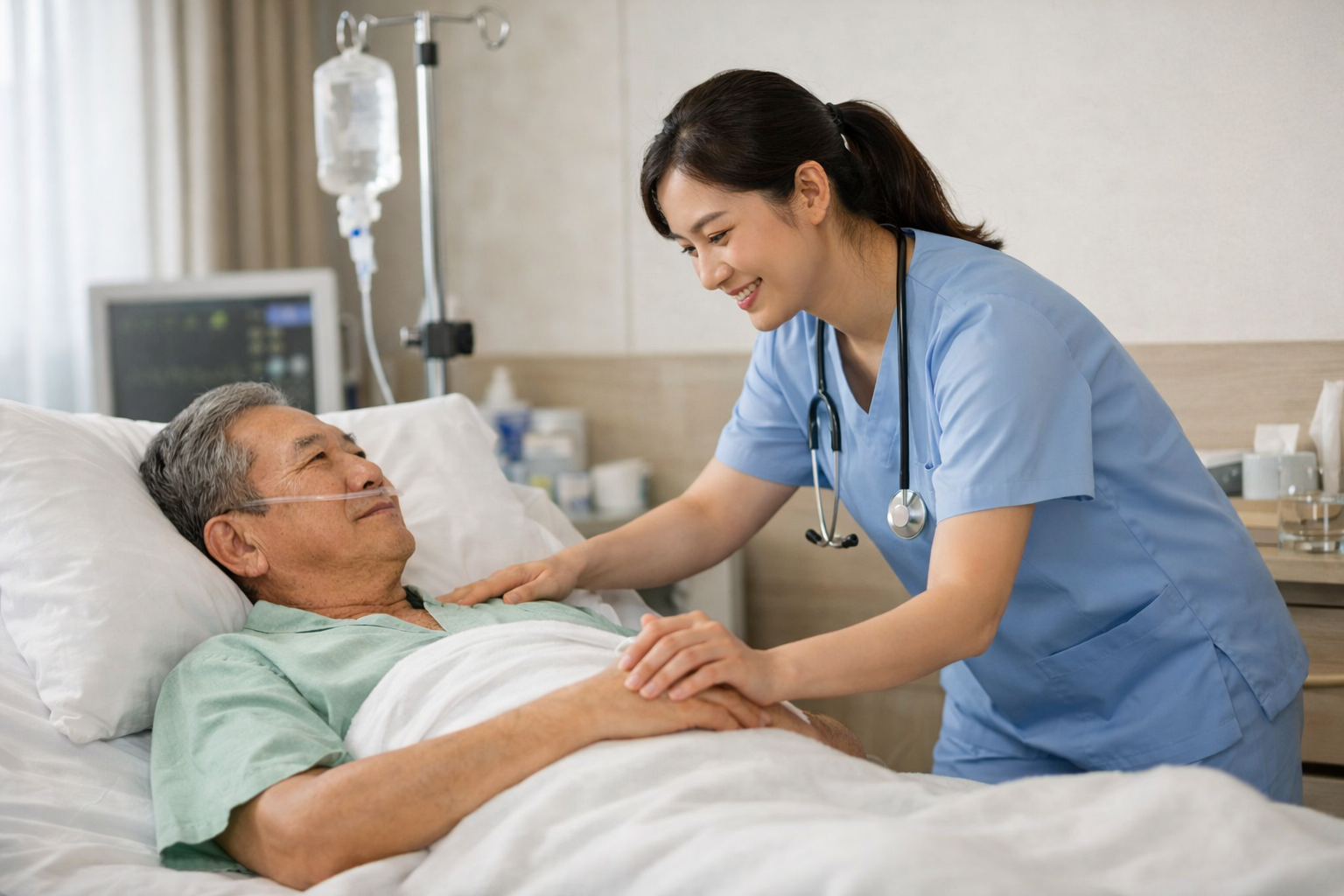 Nhân viên y tế đang hỗ trợ bệnh nhân nằm viện một cách tận tâm