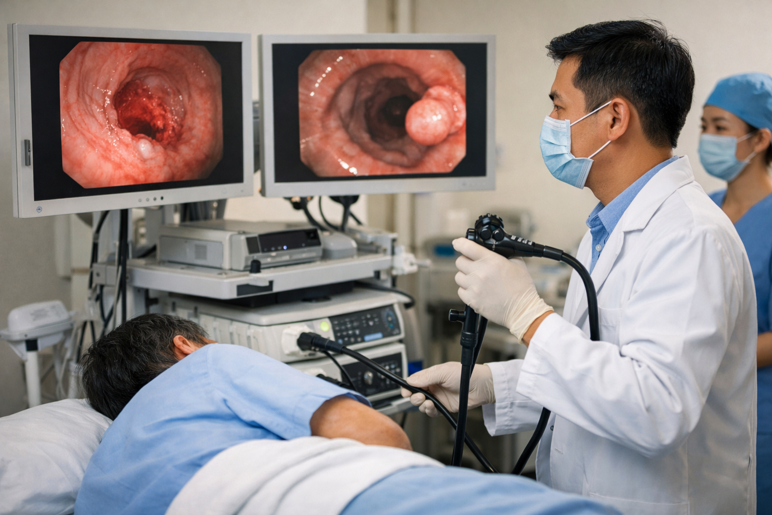 Bác sĩ thực hiện nội soi để kiểm tra các dấu hiệu ung thư dạ dày và đại tràng