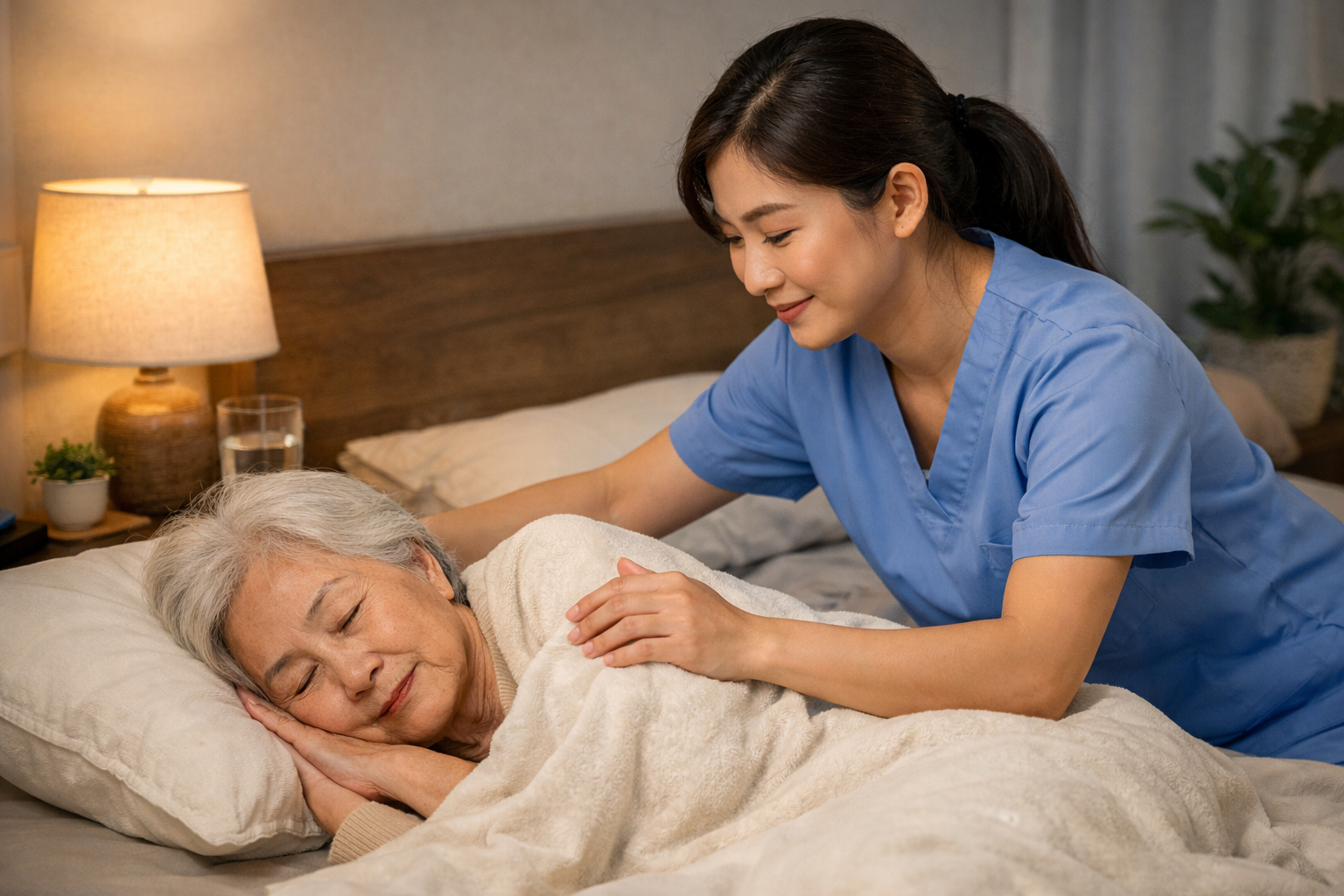 Điều dưỡng đang chăm sóc và hỗ trợ giấc ngủ cho một cụ già tại nhà