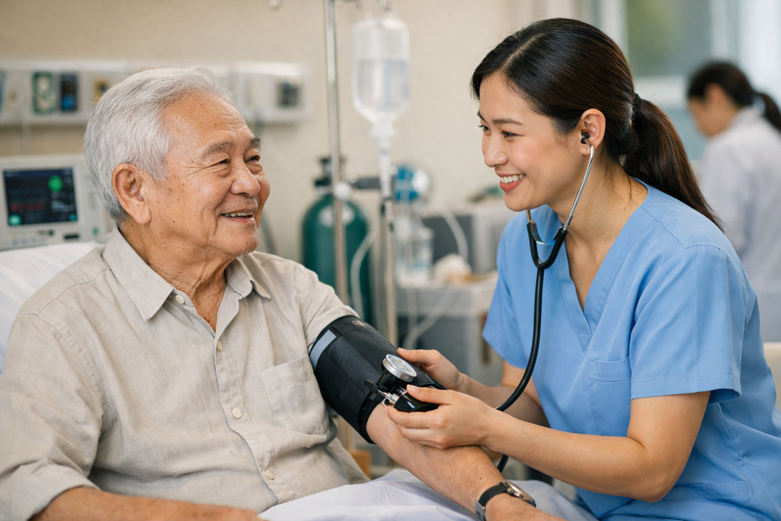 Nhân viên y tế đang đo huyết áp và hỏi thăm sức khỏe người cao tuổi tại bệnh viện