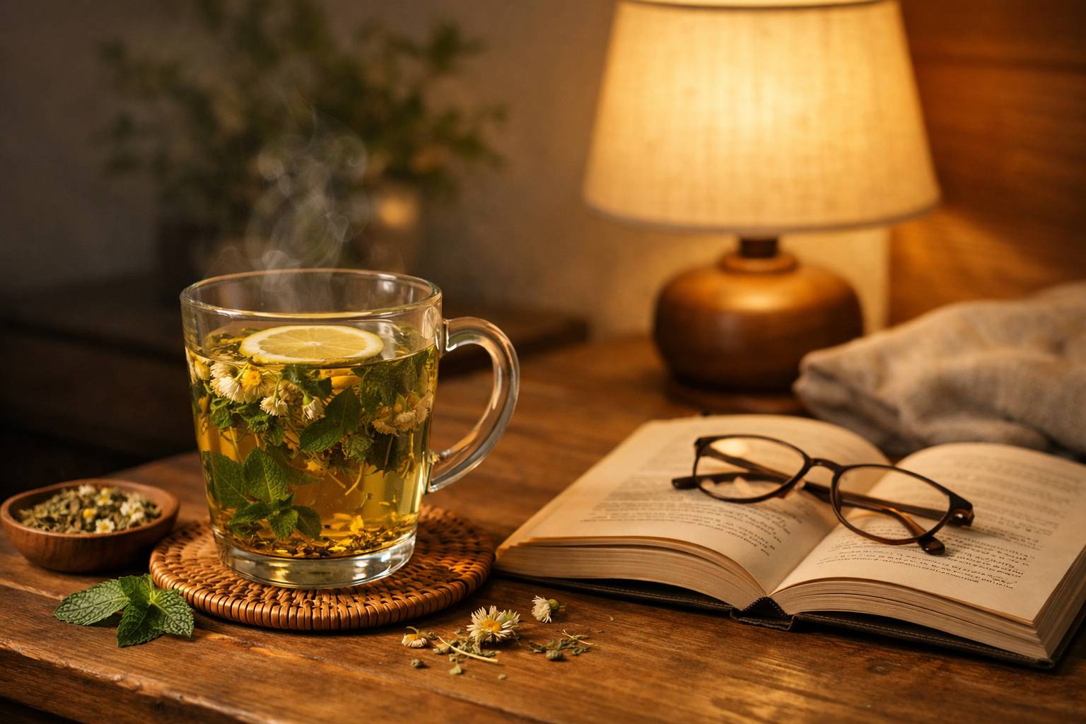 Một ly trà thảo mộc bên cạnh cuốn sách và chiếc đèn ngủ tạo không gian thư giãn