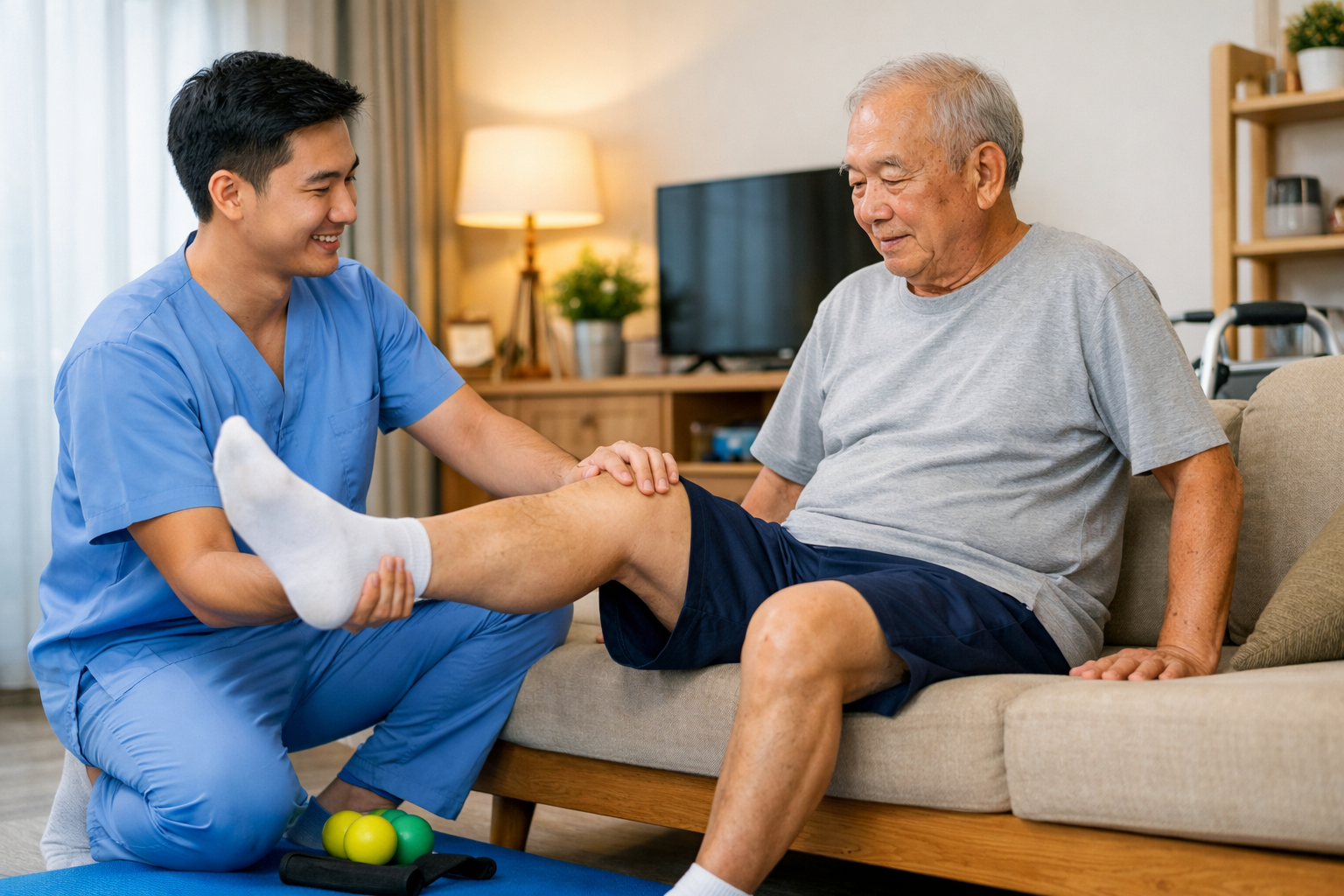 Kỹ thuật viên đang hỗ trợ người cao tuổi thực hiện các bài tập vận động chân tại nhà