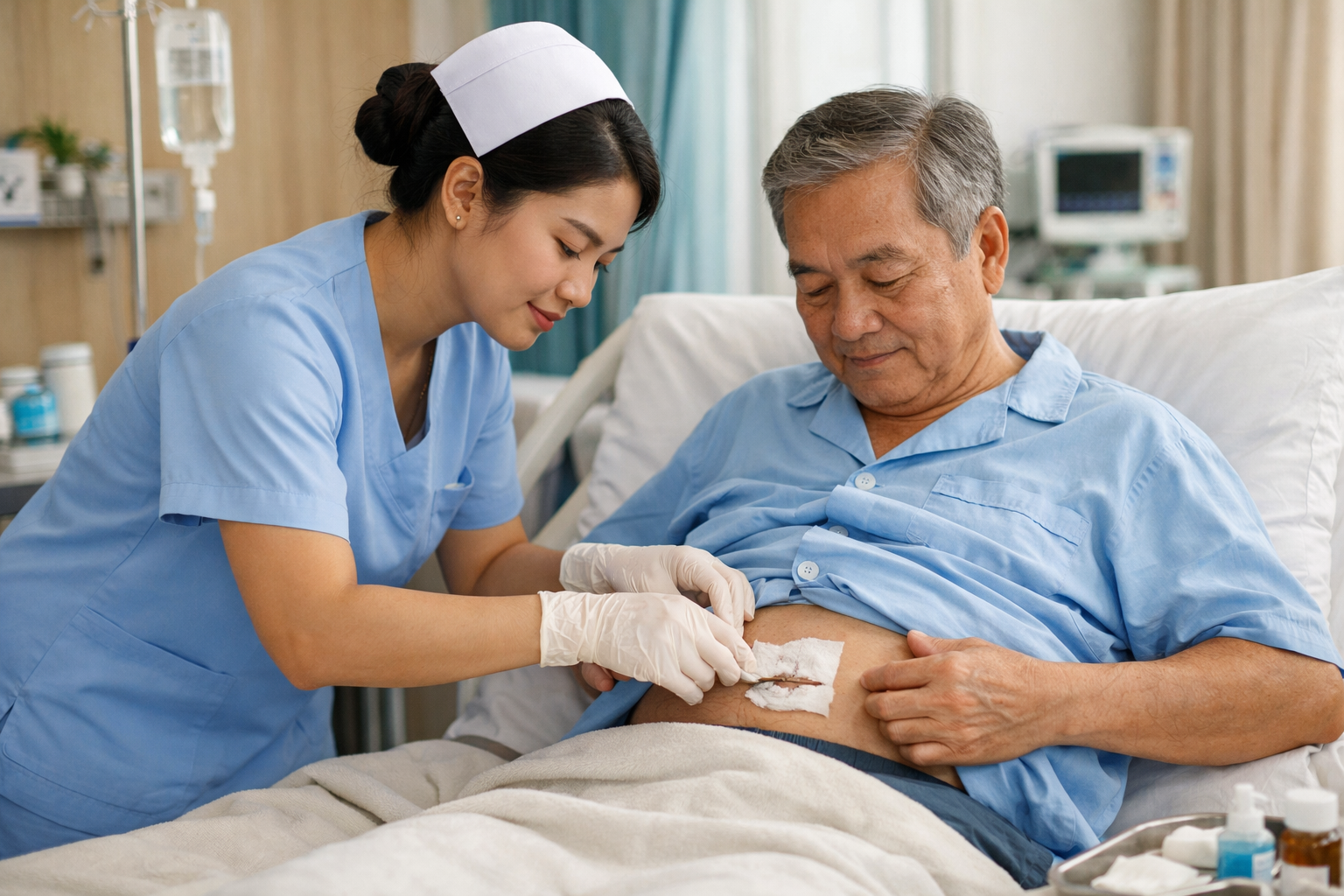 Điều dưỡng đang kiểm tra vết mổ và hỗ trợ bệnh nhân sau phẫu thuật tại phòng bệnh