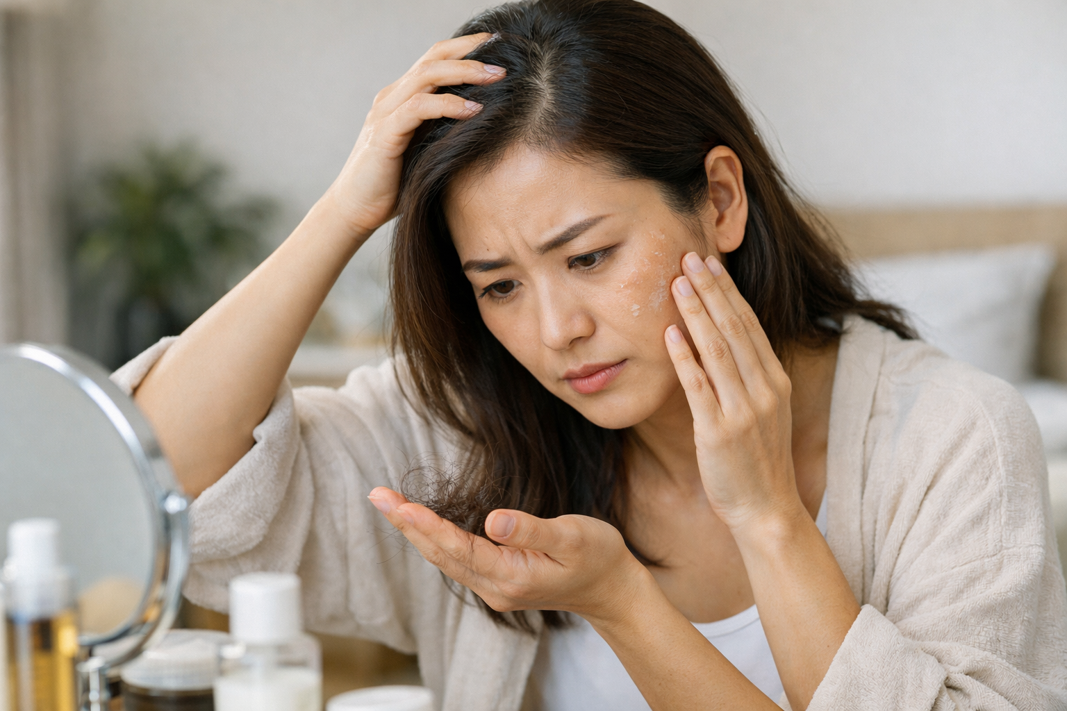 Người phụ nữ đang kiểm tra tình trạng tóc rụng và làn da khô do thiếu vitamin