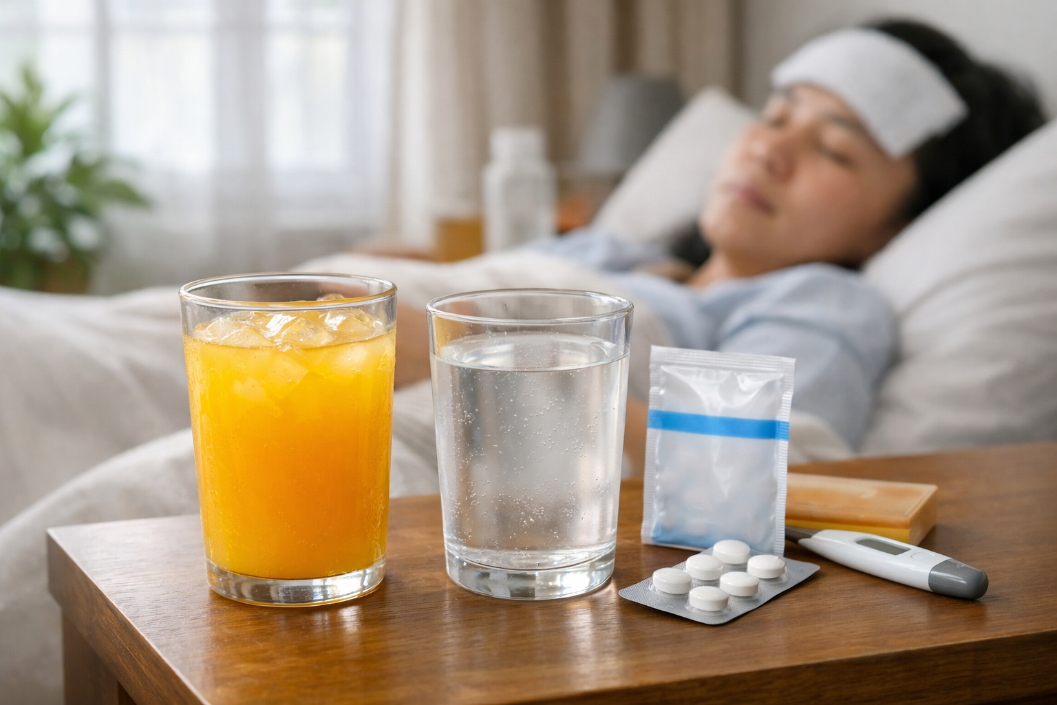 Một ly nước cam và dung dịch bù điện giải Oresol được đặt trên bàn bên cạnh giường người bệnh
