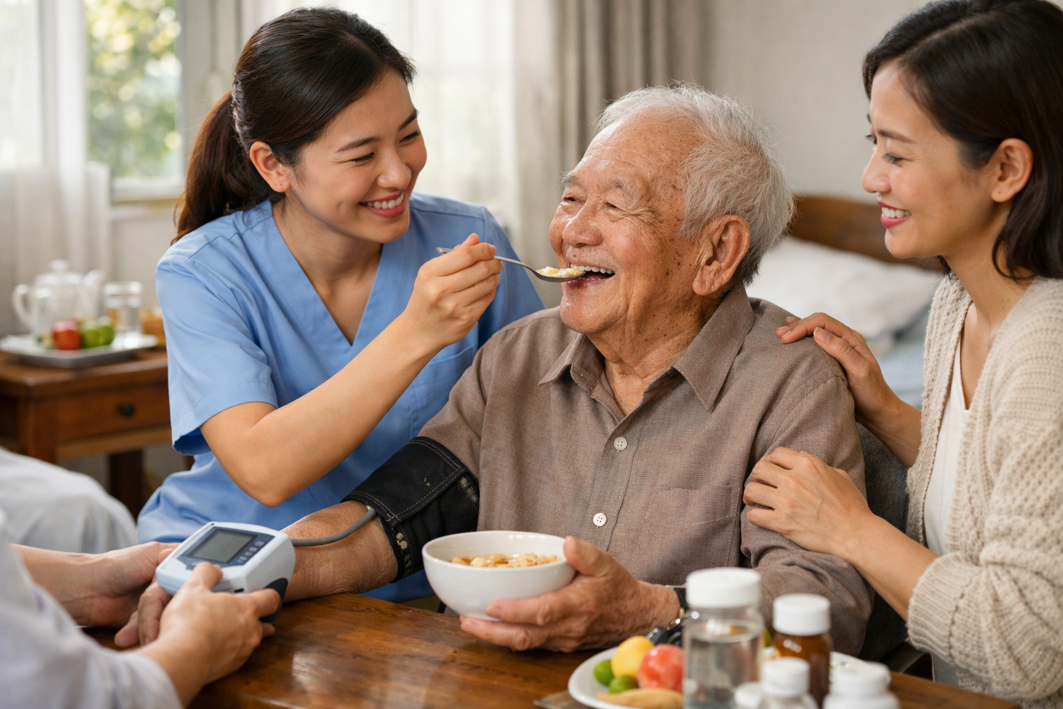Cụ già mỉm cười hạnh phúc khi được chăm sóc chu đáo và tận tâm tại nhà