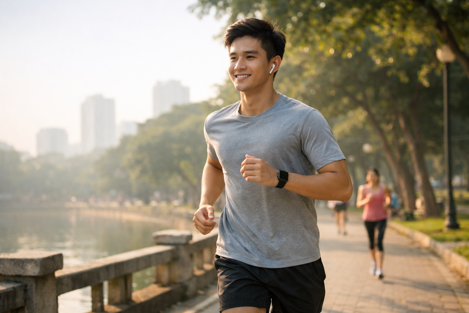 Bạn trẻ đang chạy bộ buổi sáng dưới ánh nắng nhẹ nhàng