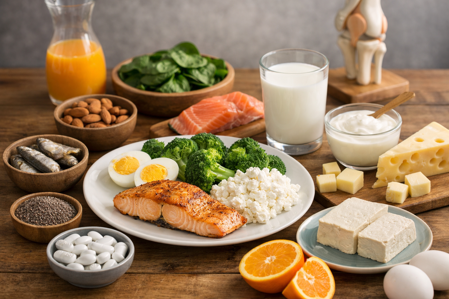 Bữa ăn giàu canxi và vitamin D giúp xương chắc khỏe và phòng ngừa các bệnh lý về khớp