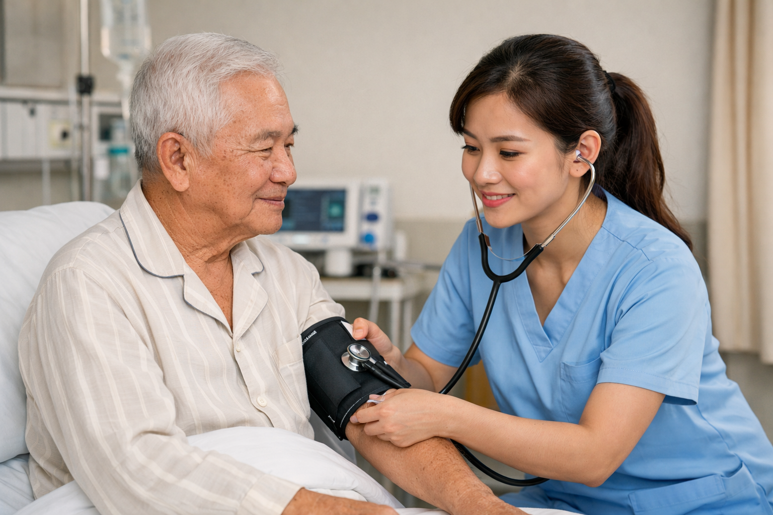 Điều dưỡng viên Thiện Tâm đang thăm hỏi và kiểm tra sức khỏe cho người già