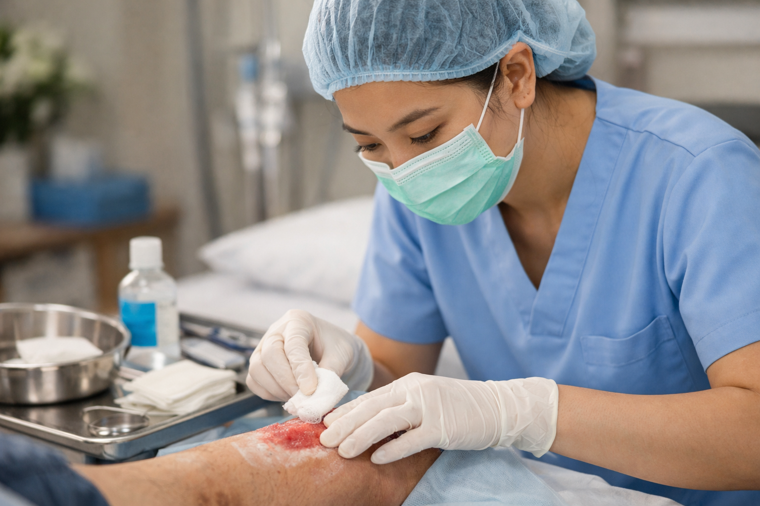 Cận cảnh điều dưỡng viên đang thực hiện kỹ thuật thay băng rửa vết thương đảm bảo vô trùng