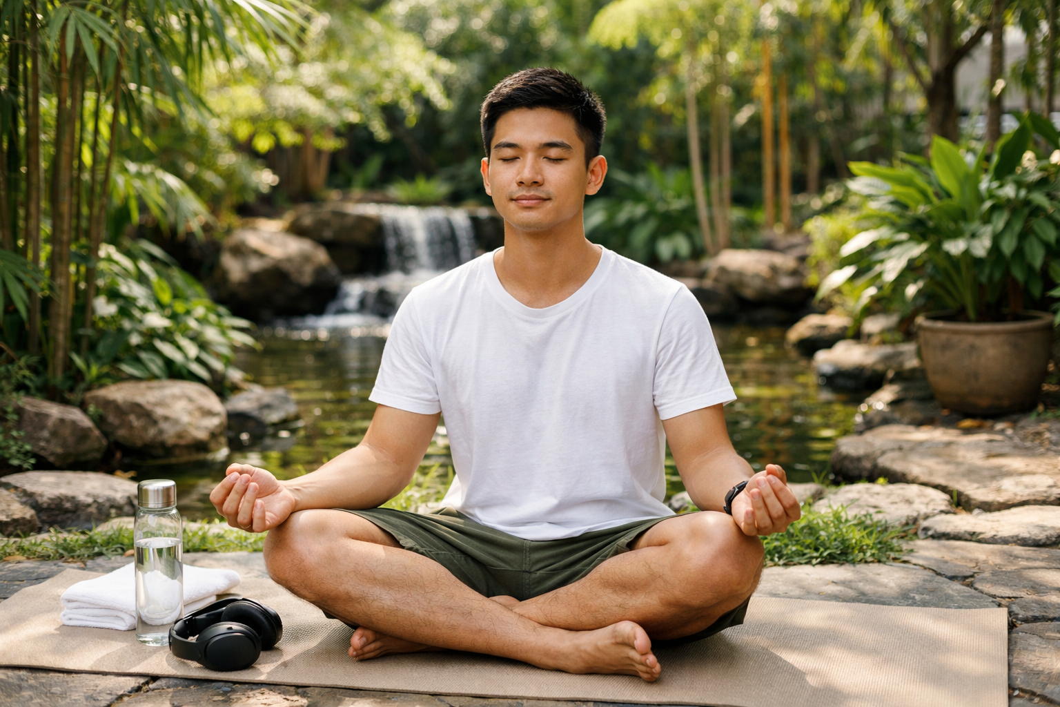 Một người trẻ đang thiền định thư giãn trong không gian xanh mát