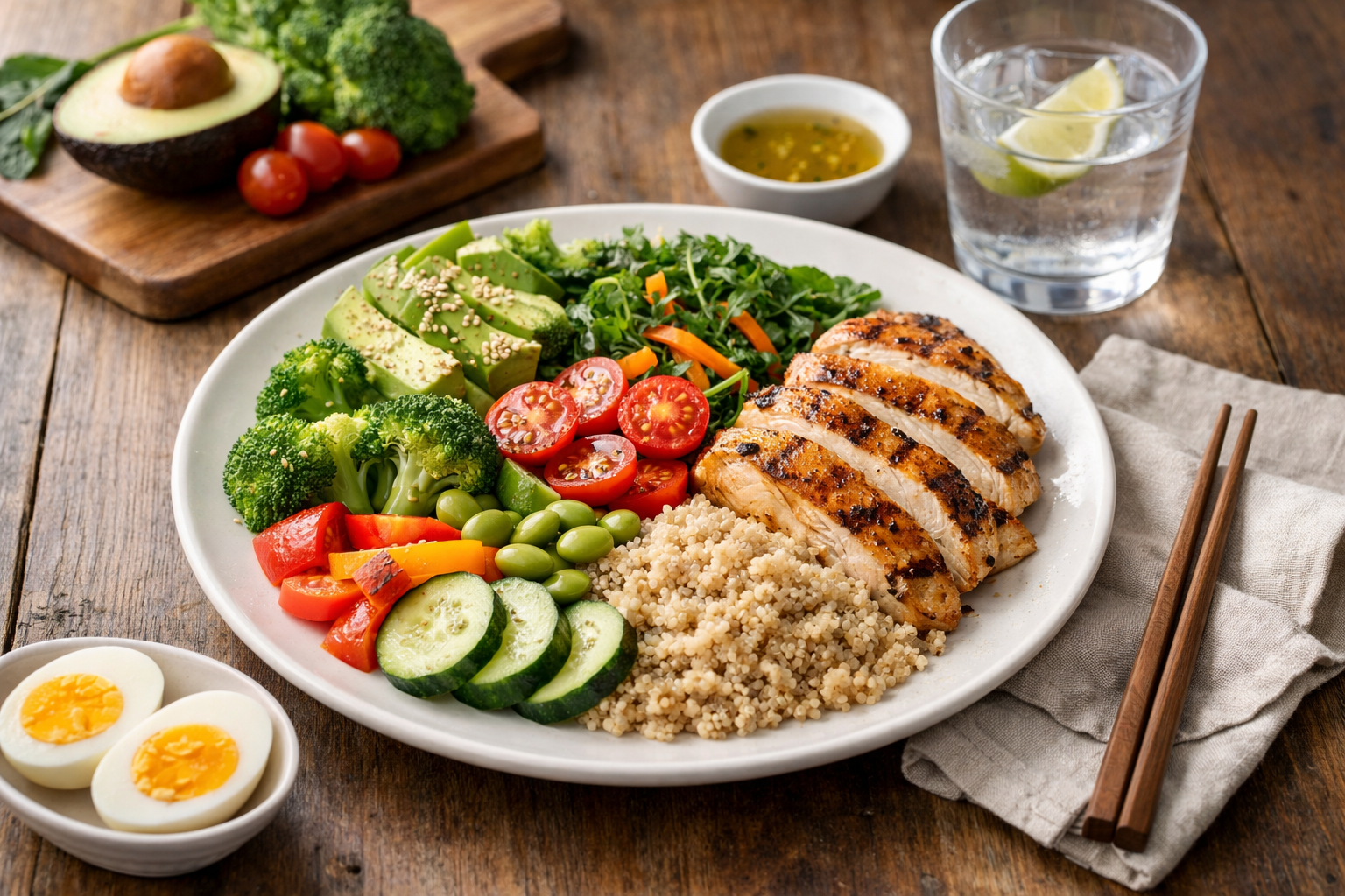 Một bữa ăn lành mạnh với nhiều rau củ và protein giúp kiểm soát cân nặng an toàn