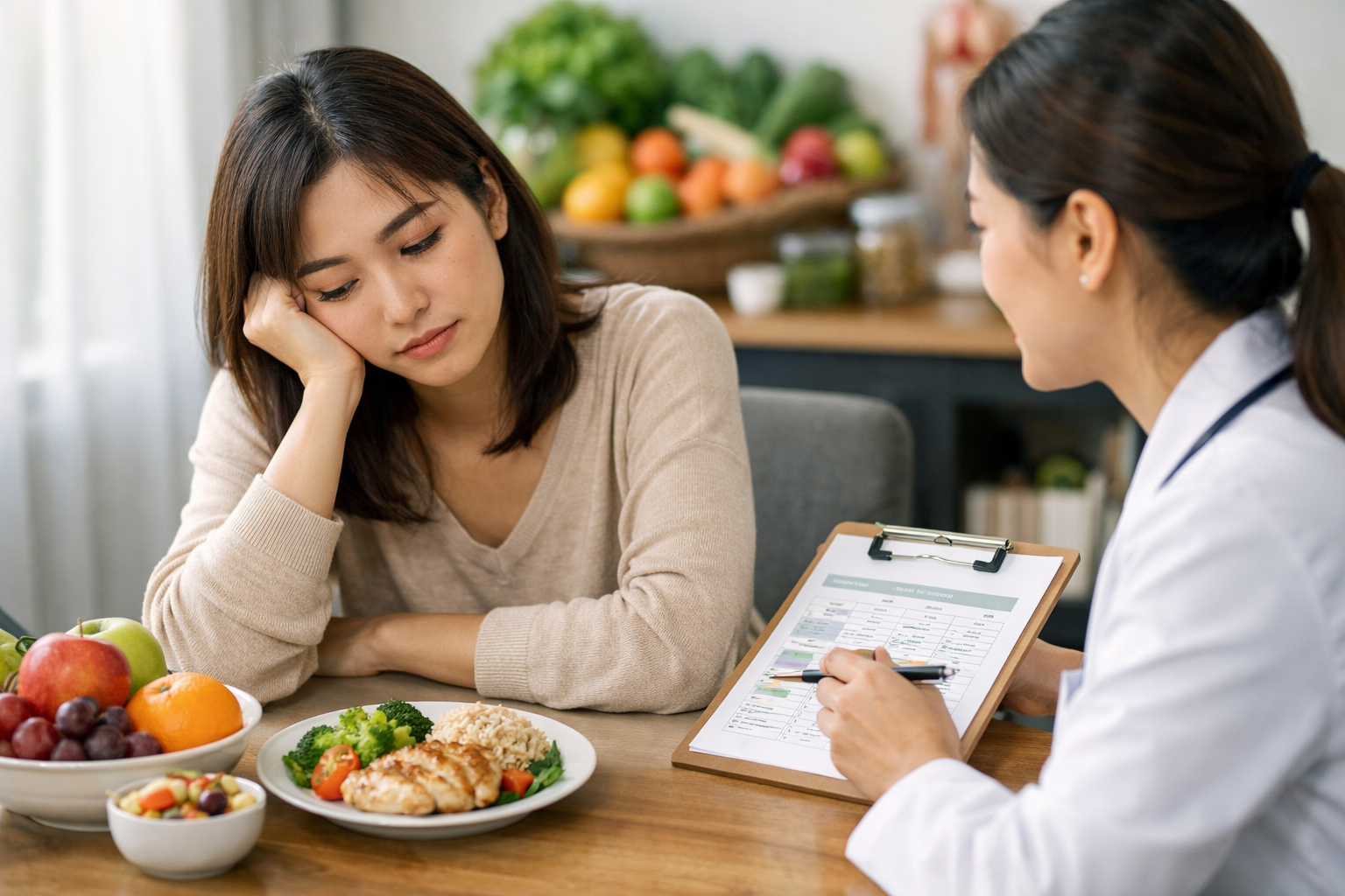 Người phụ nữ mệt mỏi do suy nhược cơ thể đang cần tư vấn dinh dưỡng