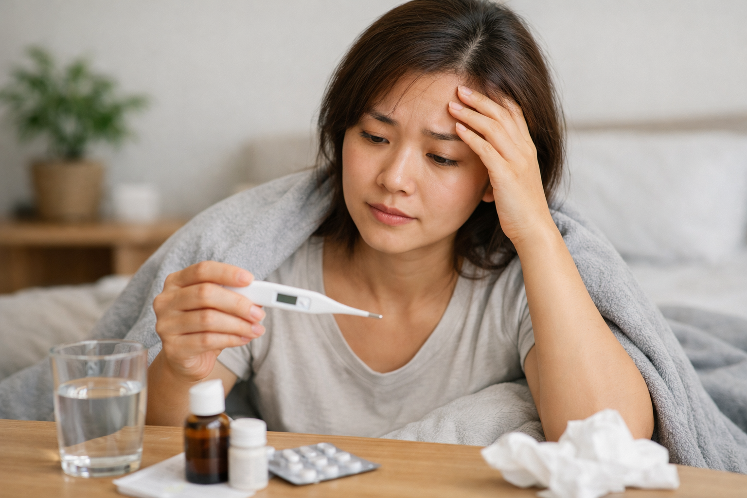 Một người đang sử dụng nhiệt kế điện tử để kiểm tra thân nhiệt tại nhà