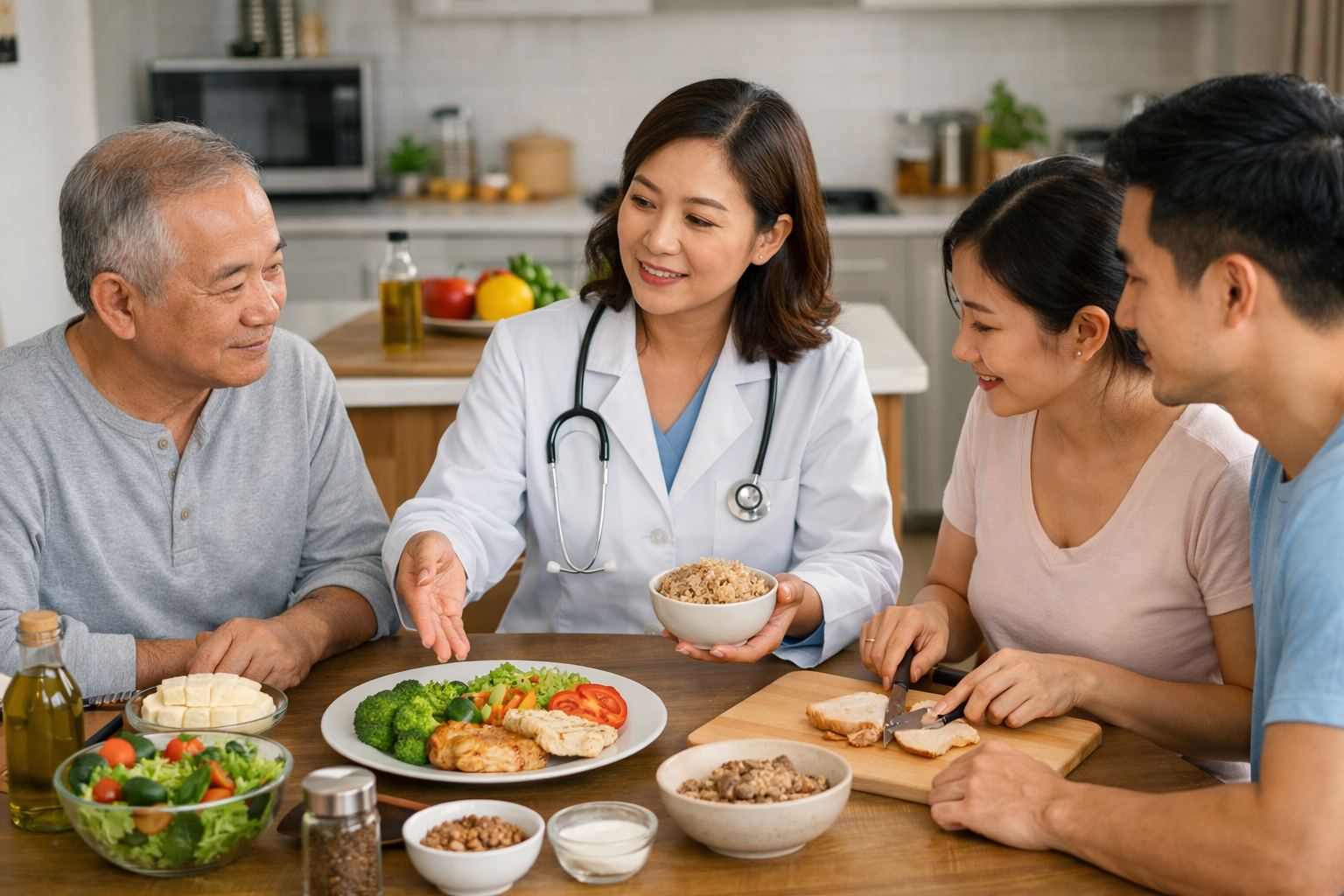 Bác sĩ gia đình đang hướng dẫn người thân cách chuẩn bị bữa ăn dinh dưỡng cho người bệnh tại nhà