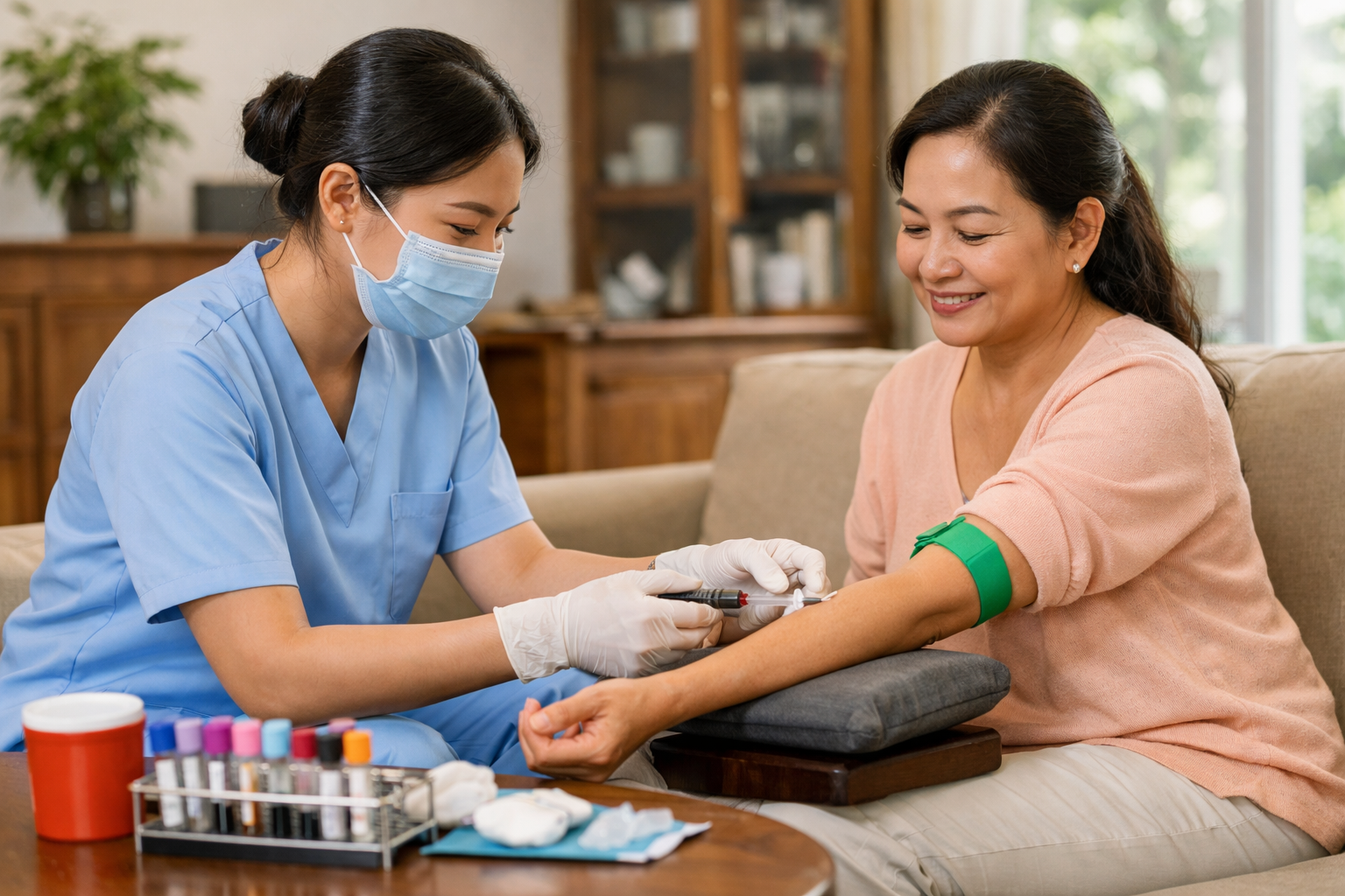 Nhân viên y tế lấy máu xét nghiệm tại nhà cho khách hàng một cách chuyên nghiệp