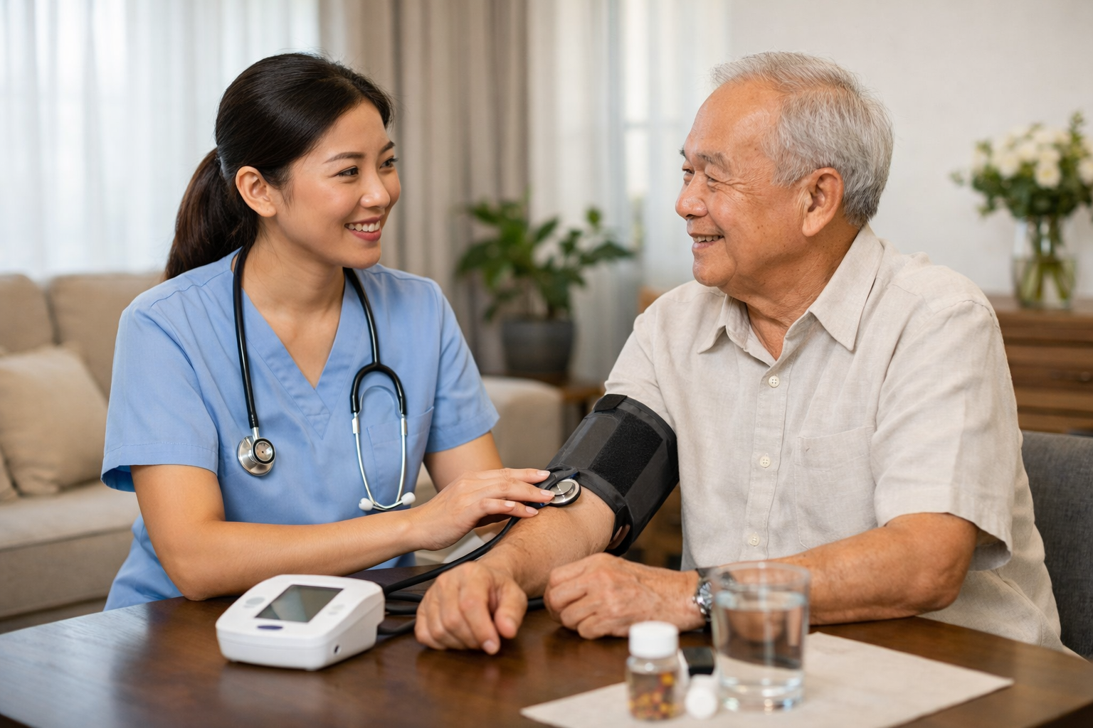 Điều dưỡng viên đang đo huyết áp và tư vấn sức khỏe cho người cao tuổi tại nhà