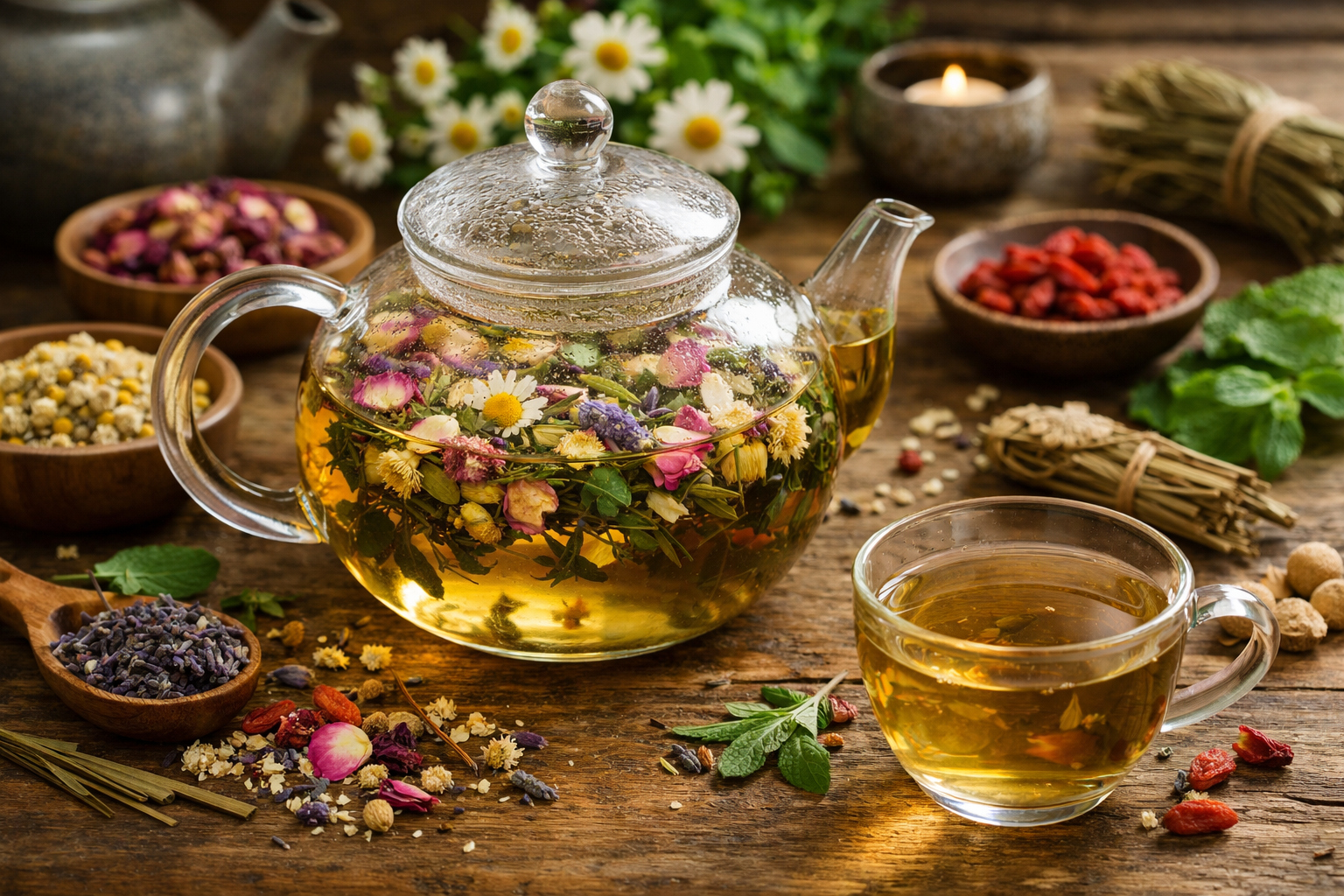 Một ấm trà thảo mộc được pha từ các loại hoa và lá khô tự nhiên trên bàn gỗ