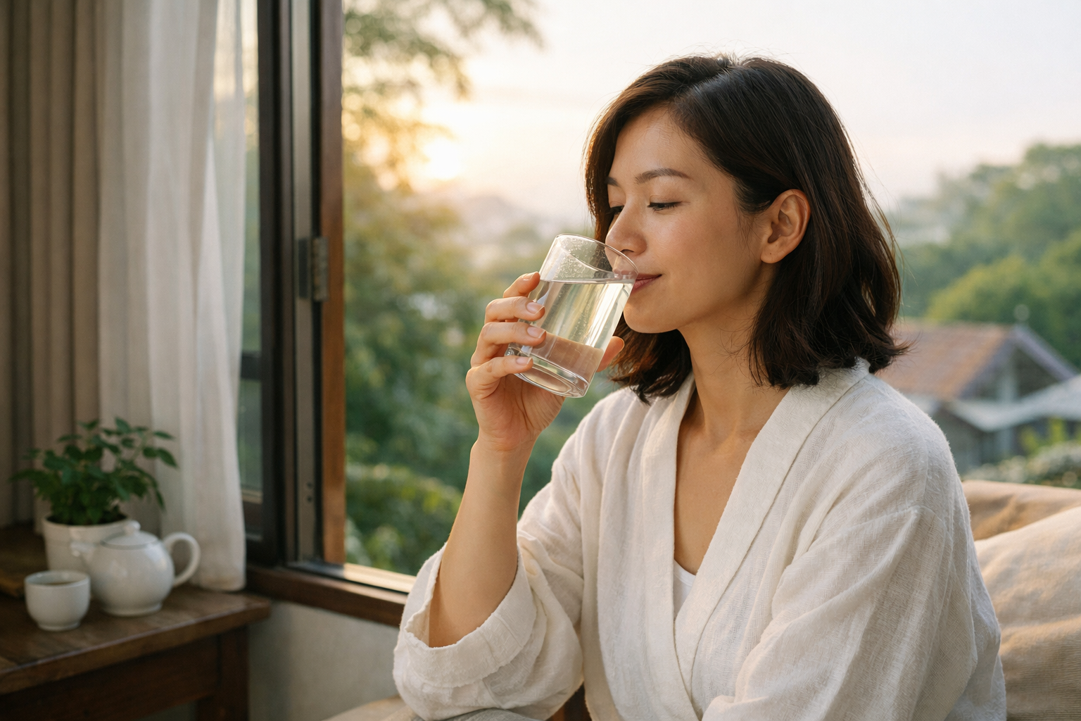 Người phụ nữ đang uống một ly nước ấm vào buổi sáng sớm bên cửa sổ