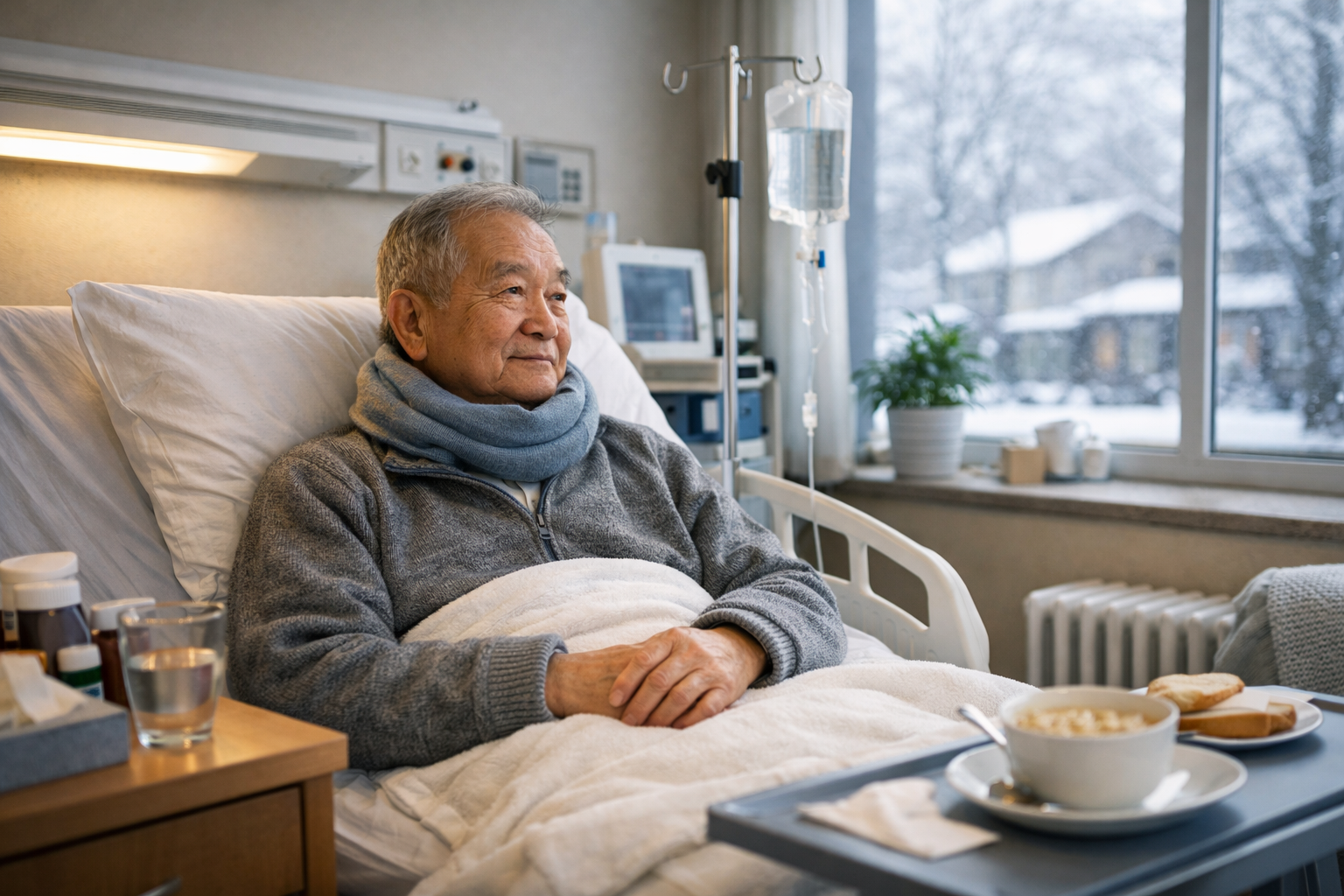 Người cao tuổi mặc áo khoác ấm áp đi dạo trong công viên ngày lạnh