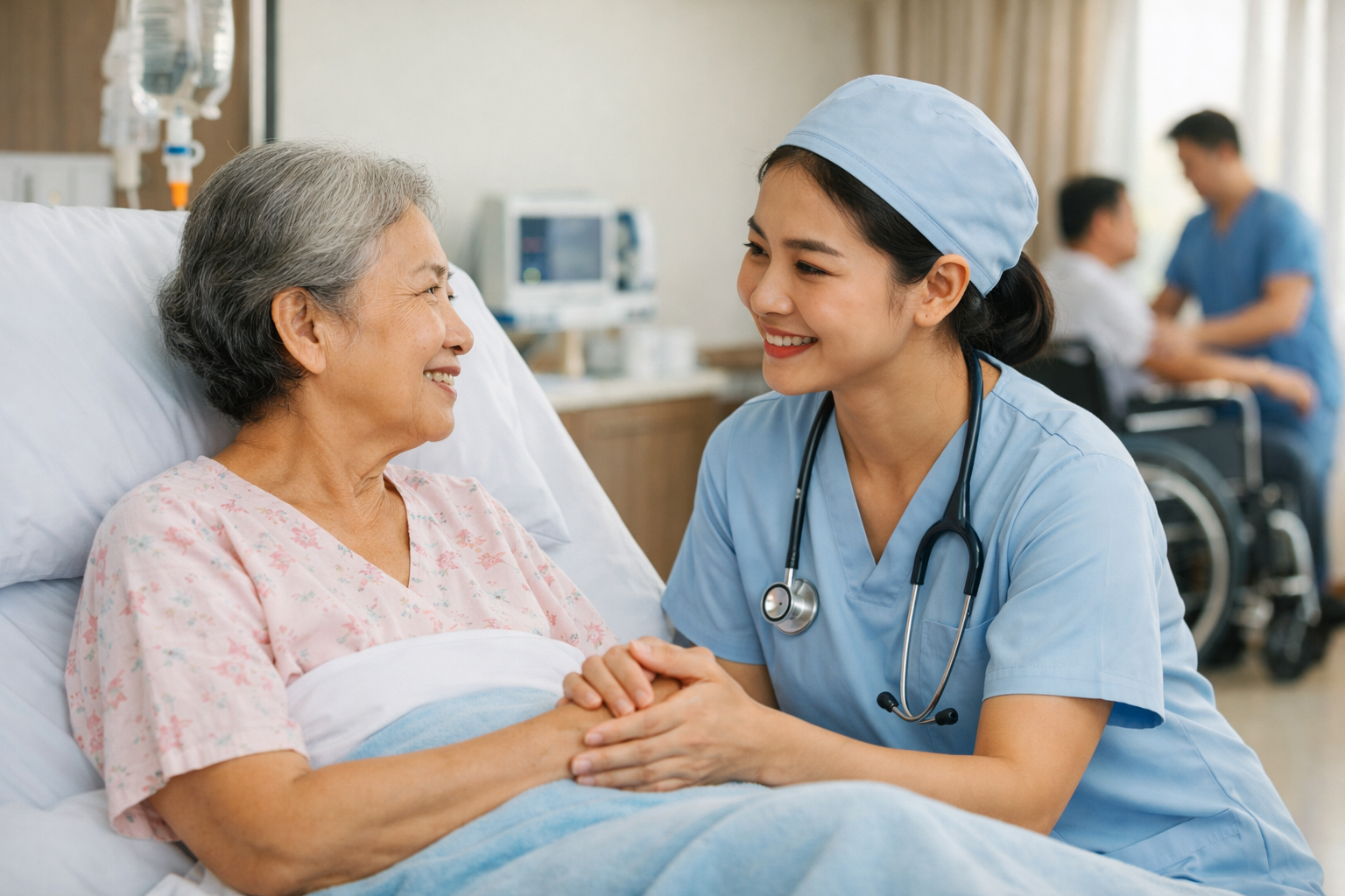 Hình ảnh nhân viên y tế Thiện Tâm ân cần trò chuyện và động viên tinh thần bệnh nhân