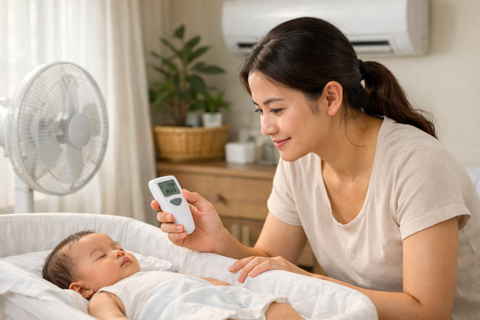 Mẹ đang kiểm tra nhiệt độ phòng cho trẻ sơ sinh trong mùa hè