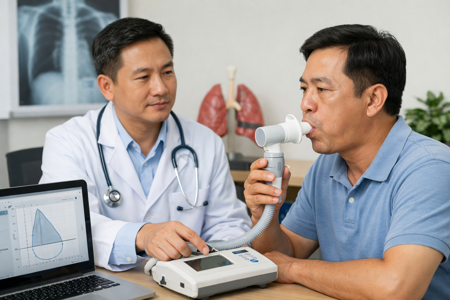 Bác sĩ chuyên khoa đang thực hiện đo chức năng hô hấp để kiểm tra sức khỏe phổi cho bệnh nhân