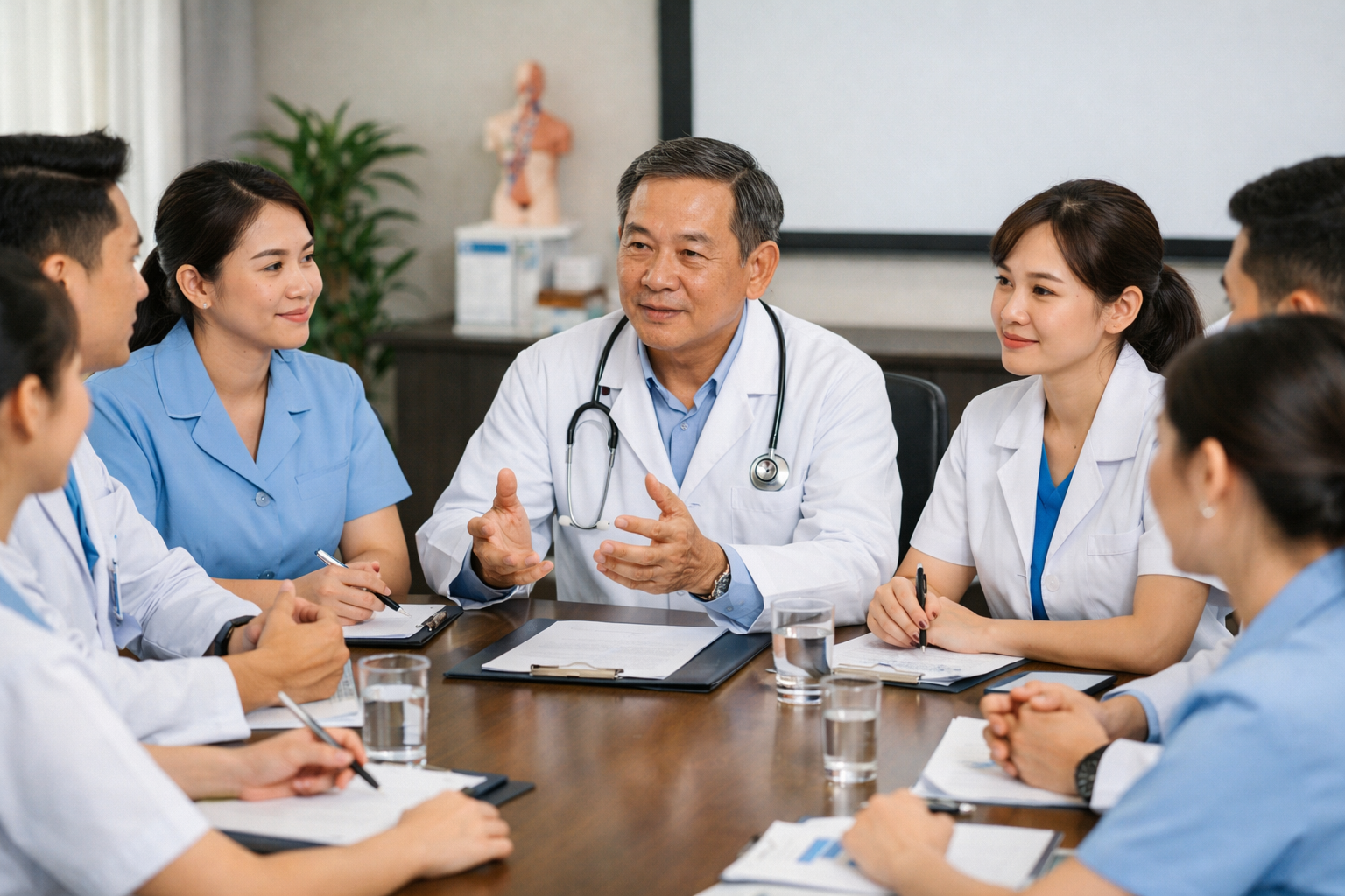 Đội ngũ bác sĩ và điều dưỡng của Công ty Sức khỏe Thiện Tâm trong buổi họp chuyên môn