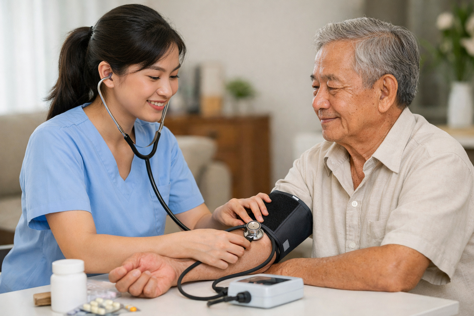 Điều dưỡng viên đang thực hiện thao tác đo huyết áp cho bệnh nhân lớn tuổi