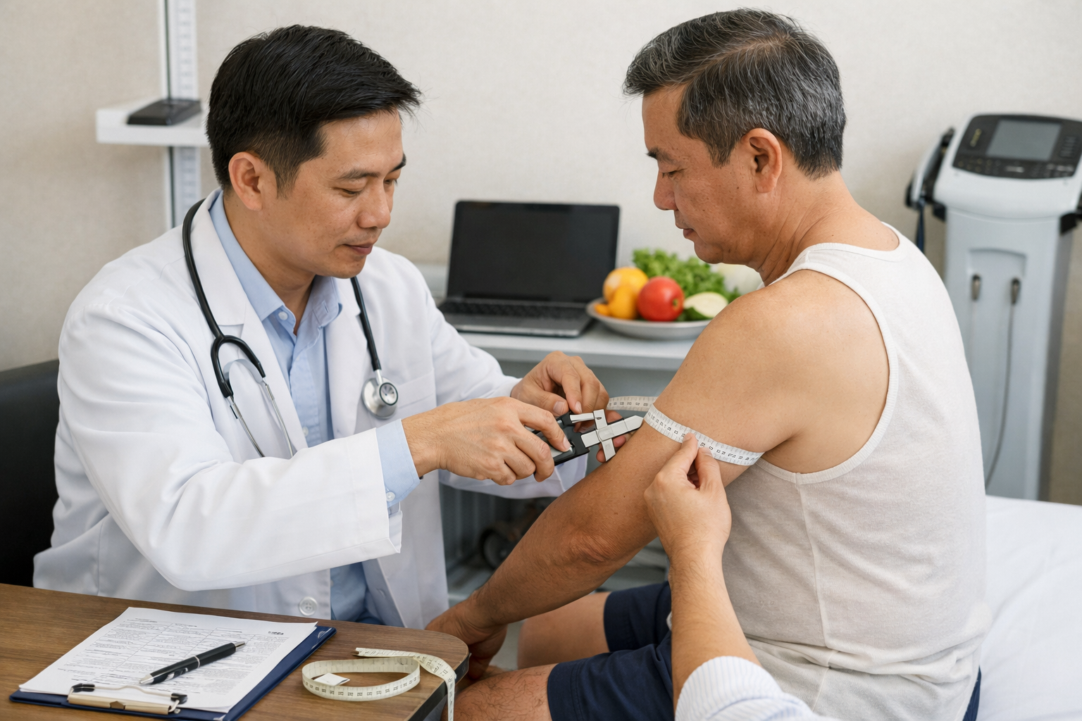 Bác sĩ thực hiện đánh giá tình trạng dinh dưỡng của bệnh nhân thông qua các chỉ số nhân trắc học