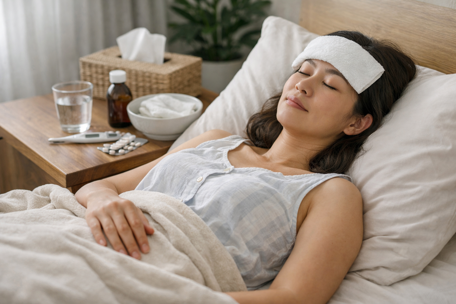 Người bệnh đang nằm nghỉ ngơi thoải mái trên giường với trang phục mỏng nhẹ và thoáng mát