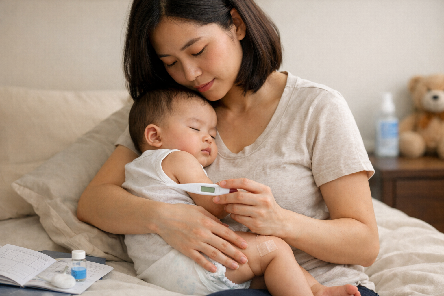 Mẹ đang ôm ấp và theo dõi nhiệt độ cho bé sau khi tiêm phòng tại nhà