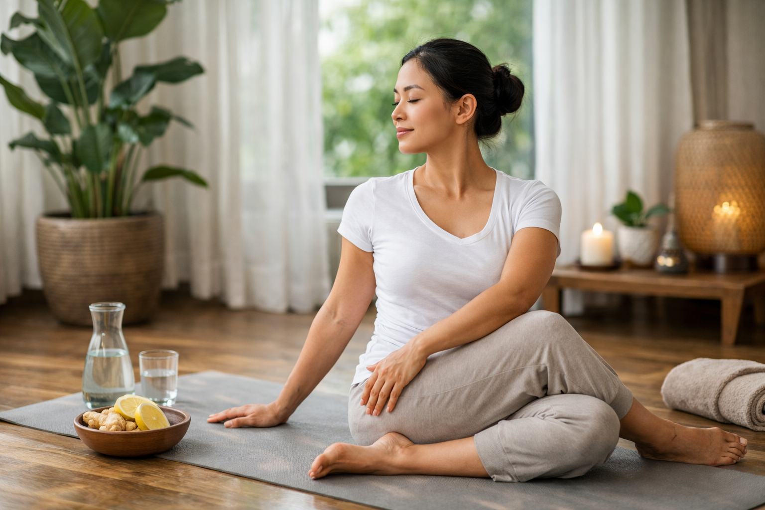 Người phụ nữ đang tập yoga nhẹ nhàng giúp cân bằng cơ thể và hỗ trợ gan