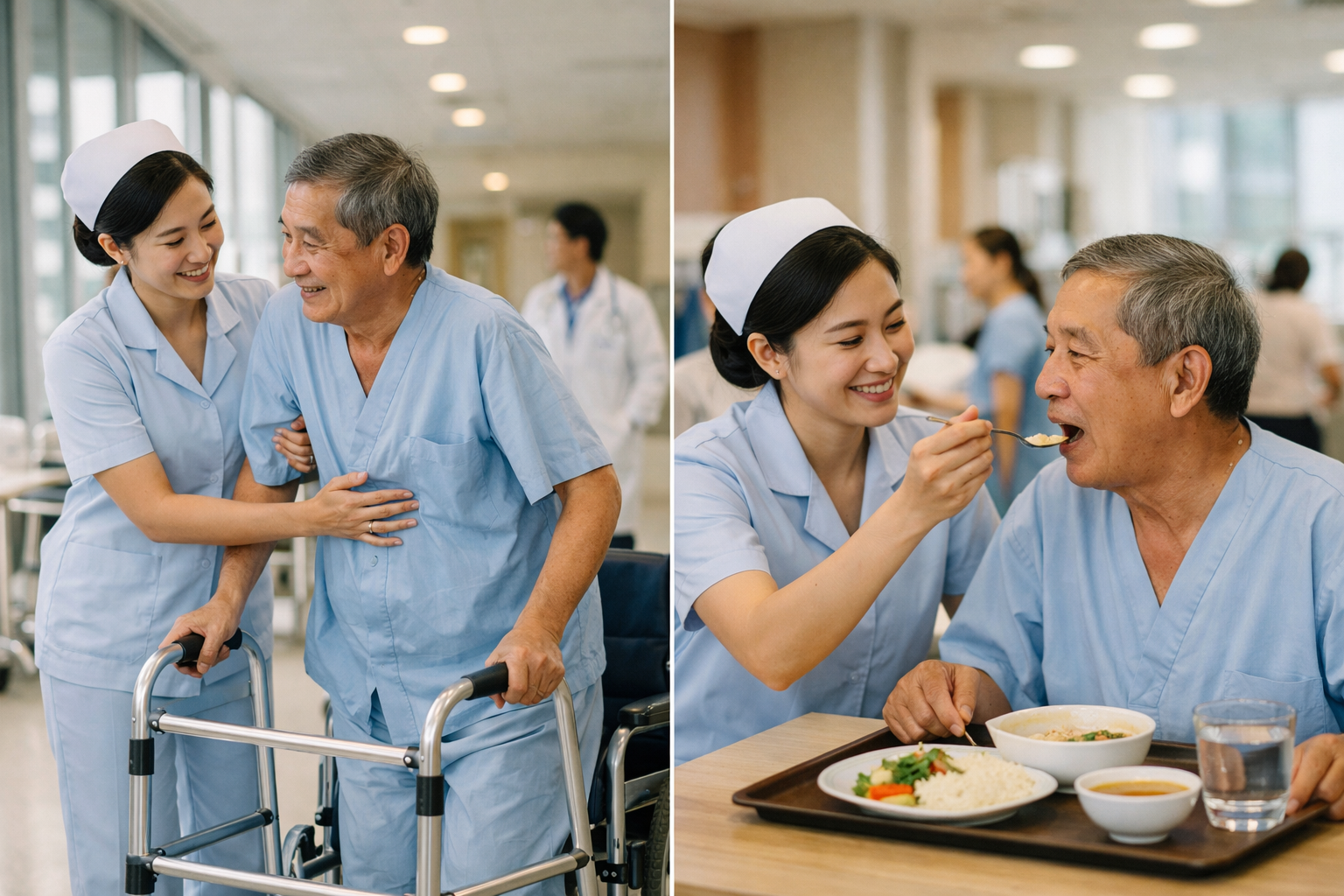 Điều dưỡng viên hỗ trợ bệnh nhân di chuyển và ăn uống tại bệnh viện lớn ở TP. Hồ Chí Minh