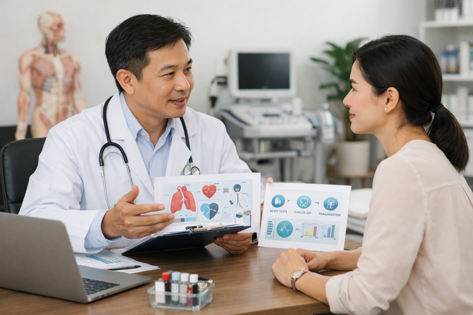Bác sĩ đang tư vấn cho bệnh nhân về lộ trình khám sức khỏe định kỳ tổng quát