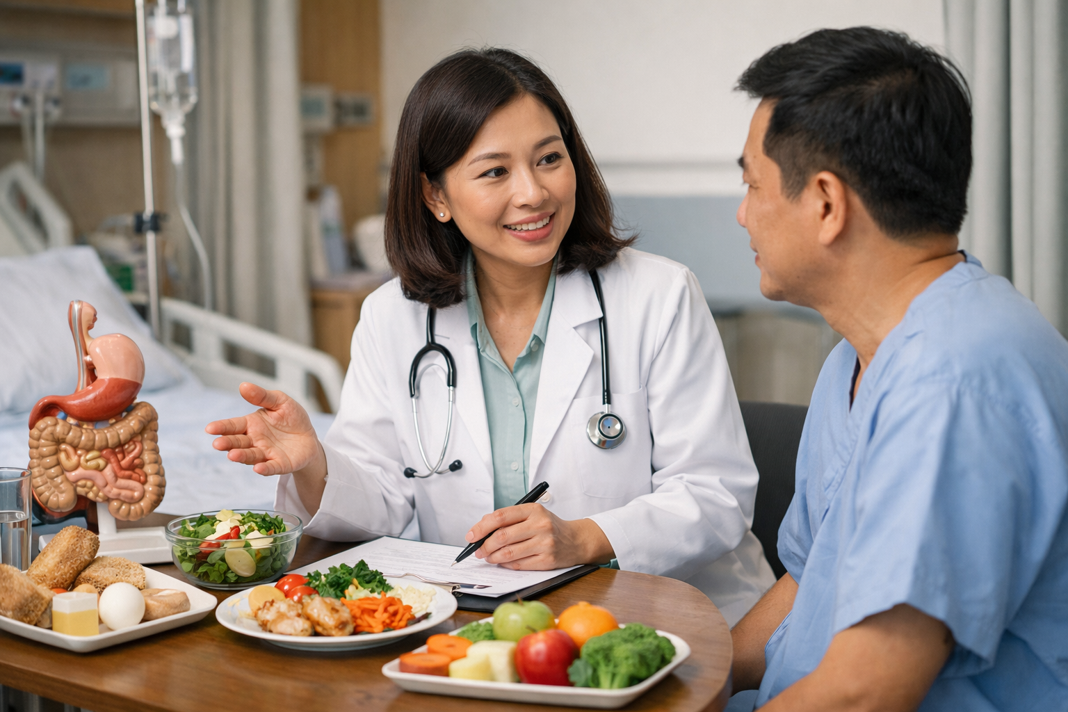 Chuyên gia dinh dưỡng đang tư vấn chế độ ăn uống lâm sàng cho bệnh nhân tại bệnh viện