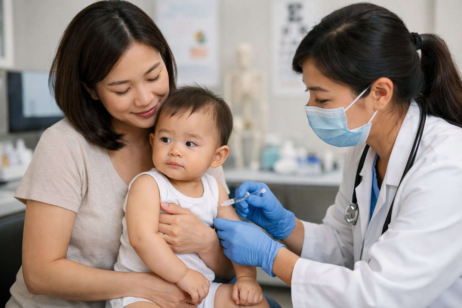 Bé đang được bác sĩ tiêm chủng tại phòng khám y tế uy tín