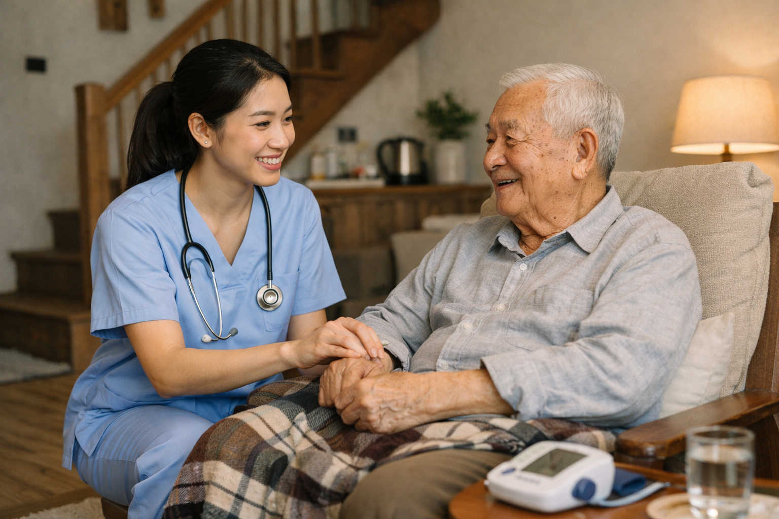 Nhân viên điều dưỡng đang ân cần kiểm tra sức khỏe và trò chuyện cùng cụ già tại nhà
