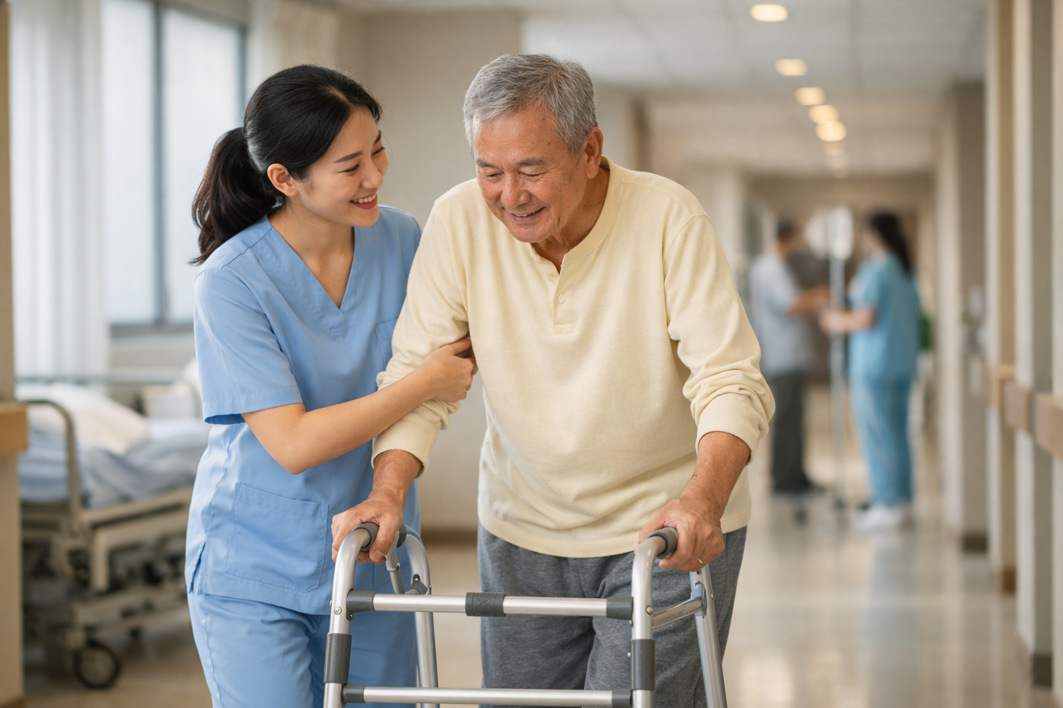 Nhân viên y tế Thiện Tâm đang hỗ trợ bệnh nhân vận động nhẹ nhàng trong hành lang bệnh viện