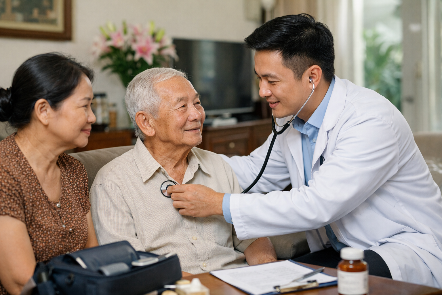 Bác sĩ của Công ty Sức khỏe Thiện Tâm đang thăm khám cho bệnh nhân cao tuổi tại nhà