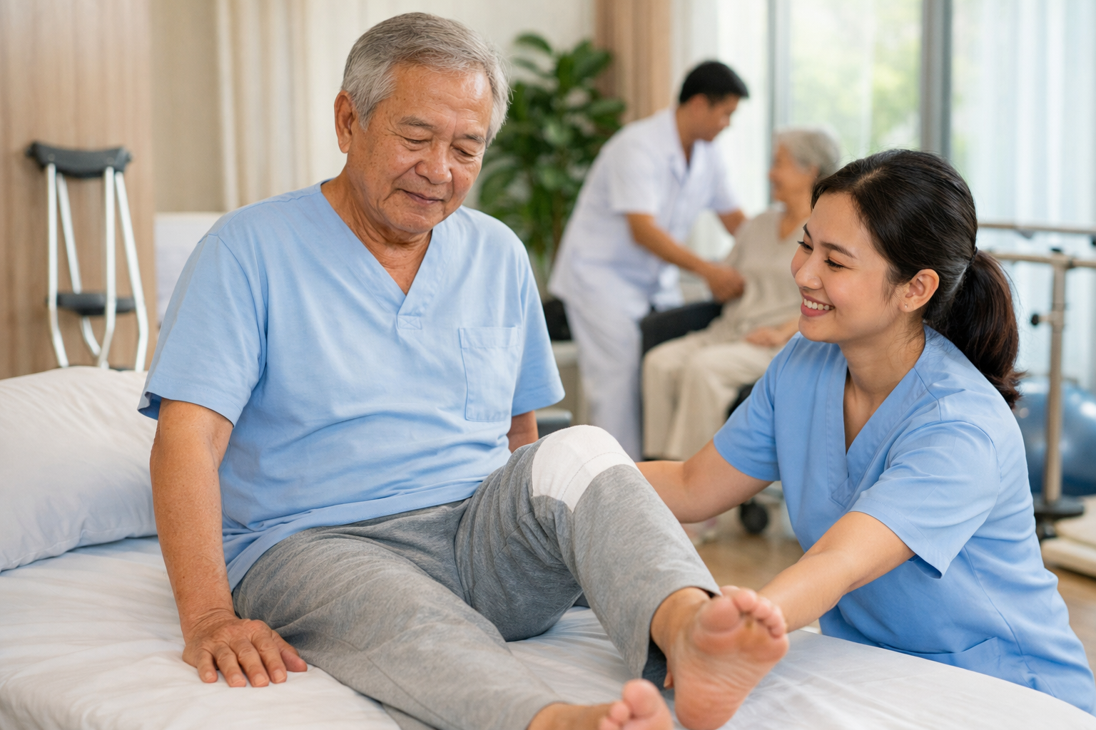 Nhân viên y tế hướng dẫn bệnh nhân tập vật lý trị liệu sau phẫu thuật