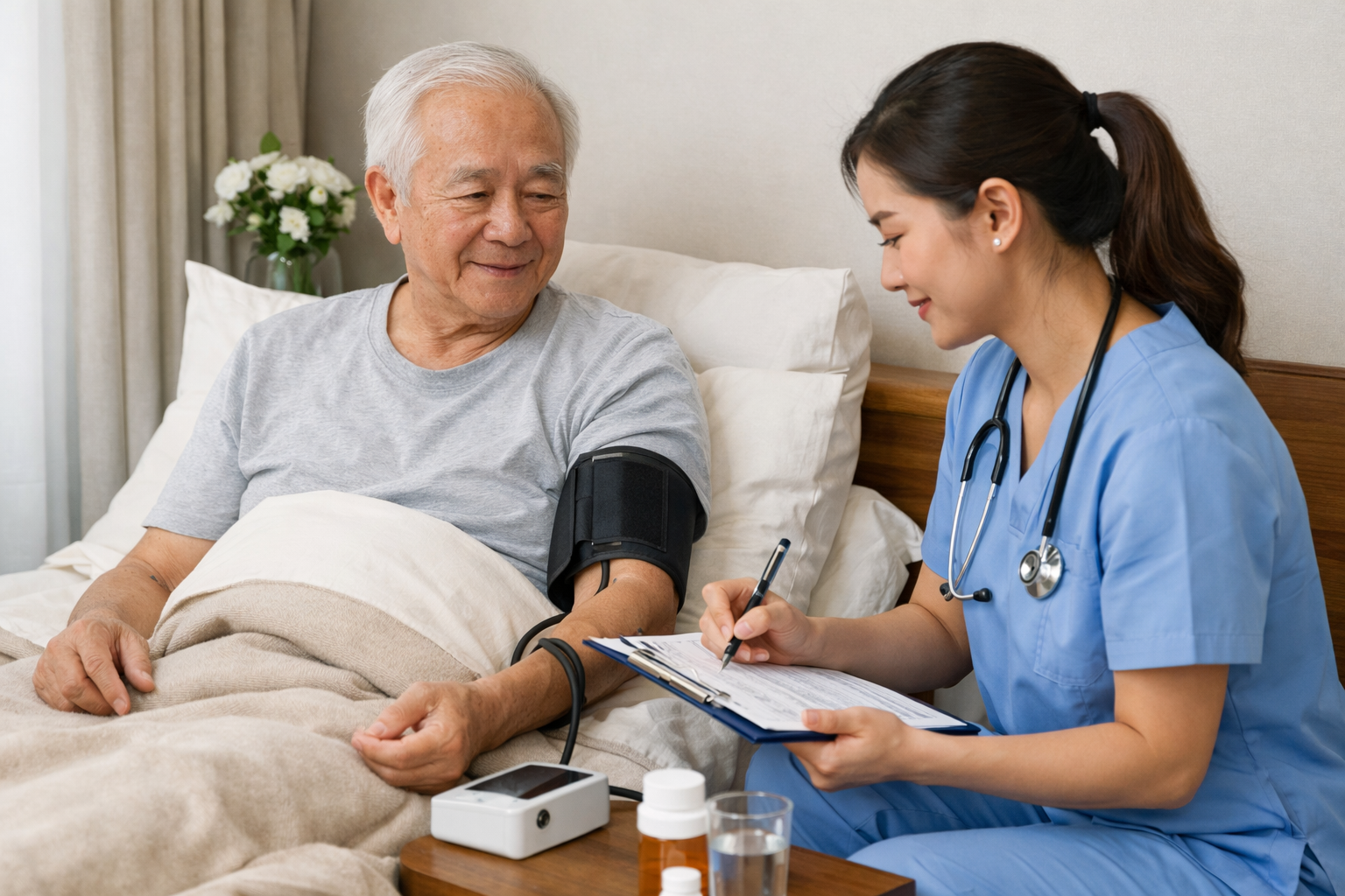 Điều dưỡng viên đang kiểm tra huyết áp và ghi chép chỉ số sức khỏe cho người cao tuổi tại giường