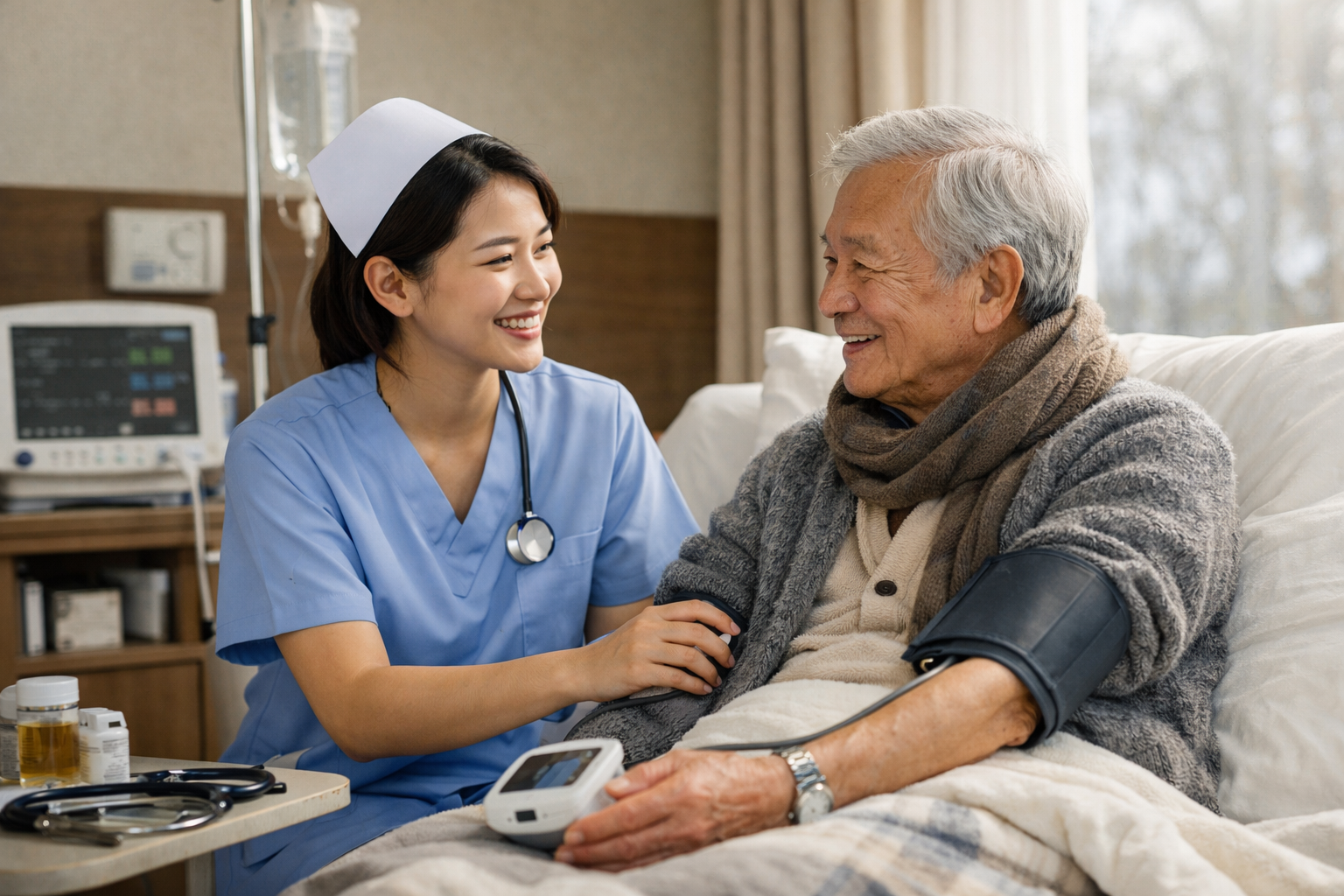 Điều dưỡng Thiện Tâm đang kiểm tra sức khỏe và trò chuyện cùng cụ già