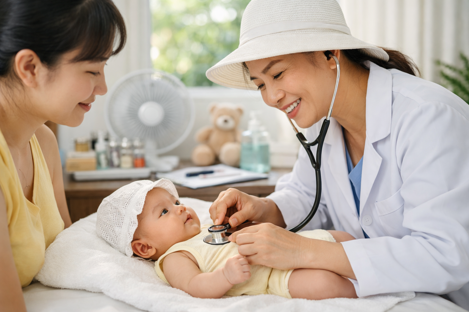 Bác sĩ thăm khám sức khỏe định kỳ cho trẻ sơ sinh