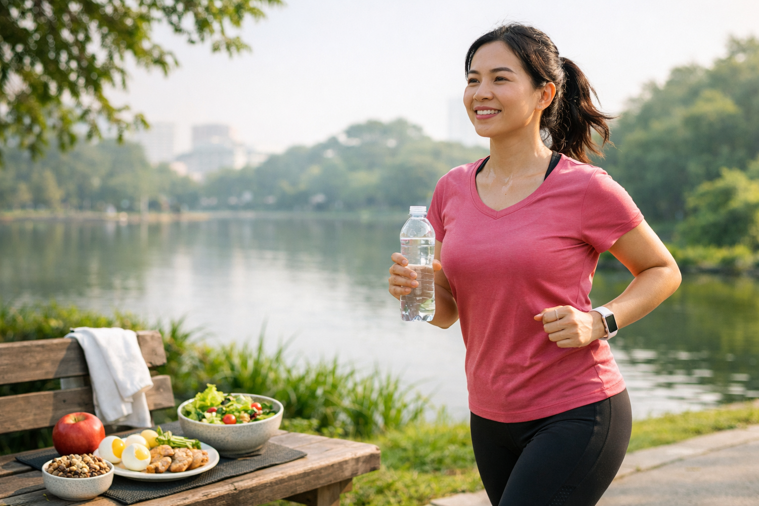 Một người phụ nữ đang tập thể dục buổi sáng để kiểm soát cân nặng an toàn