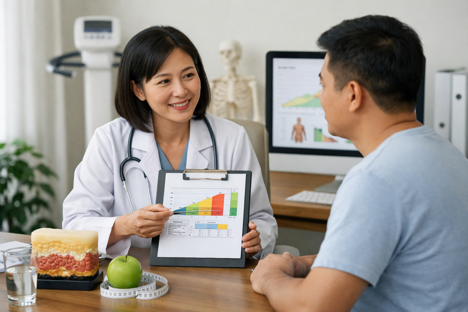 Bác sĩ đang tư vấn về chỉ số cân nặng và sức khỏe cho bệnh nhân