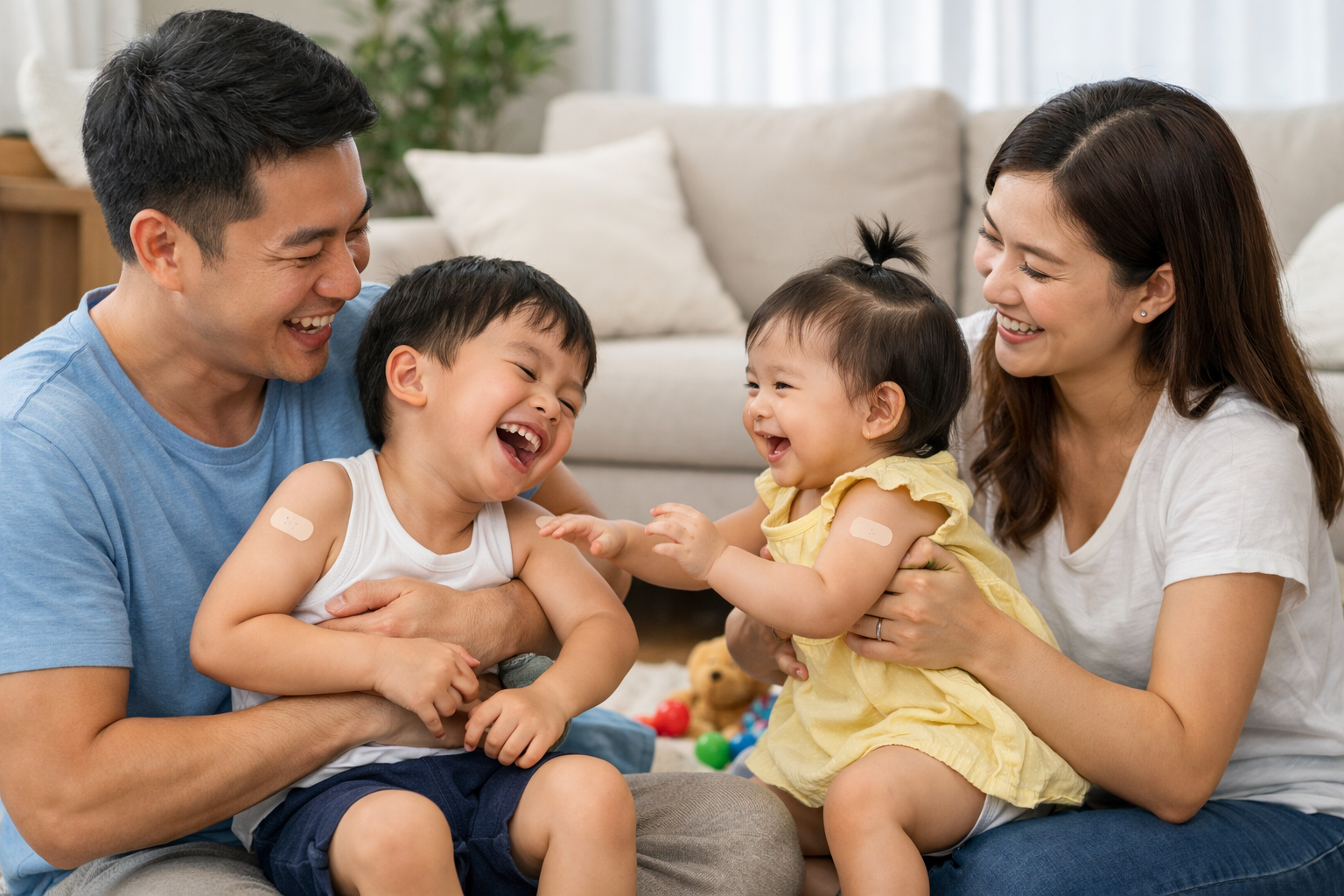 Gia đình hạnh phúc vui đùa cùng trẻ nhỏ khỏe mạnh sau khi hoàn thành các mũi tiêm chủng