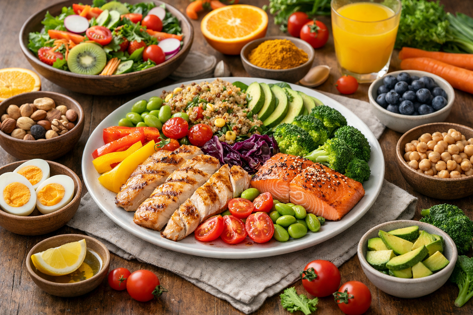 Bữa ăn đầy đủ màu sắc với rau củ và protein giúp cung cấp đủ vitamin cho cơ thể